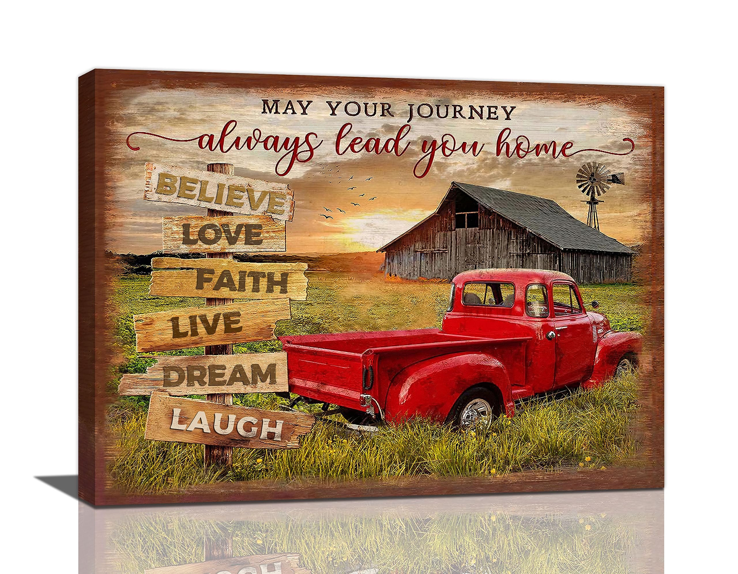 Dollffey Farmhouse Red Truck Wall Art Country Old Barn Windmill Pictures Wall Decor Canvas Prints Framed Modern Farm Car Sunset Painting Artwork For Kitchen Bathroom Dining Room Office 16"X12"