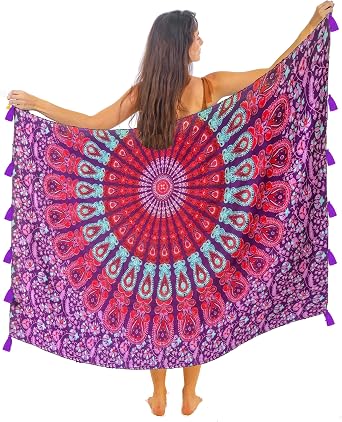 Boho Mandala Pareo Sarong Bikini Cover Up with Tassels Super Soft Lightweight Cotton, Large Indian Peacock Print