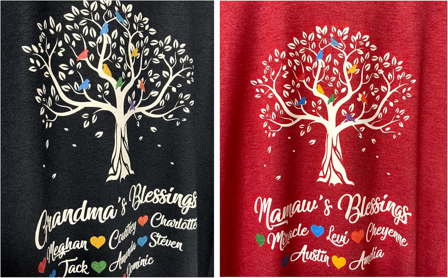 Grandma Tree Shirt with Grandkids Names Custom Blessings Personalized Tee with Tree Bird and Grandchildren Names, Navy Turquoise Red Royal Blue