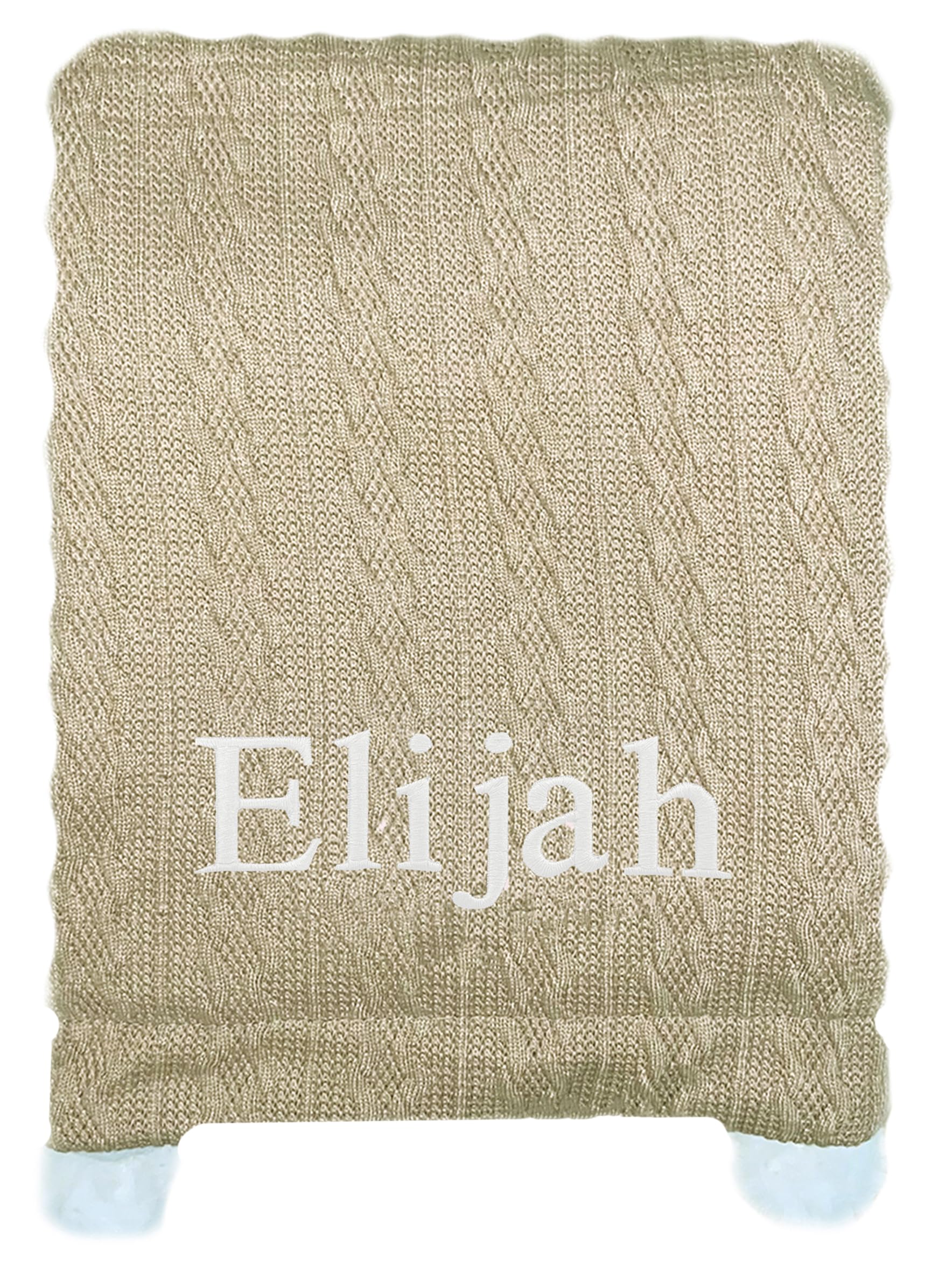 Baby Boy Girl Personalised Knitted Pom Pom Blanket Embroidered Name (Coffee)