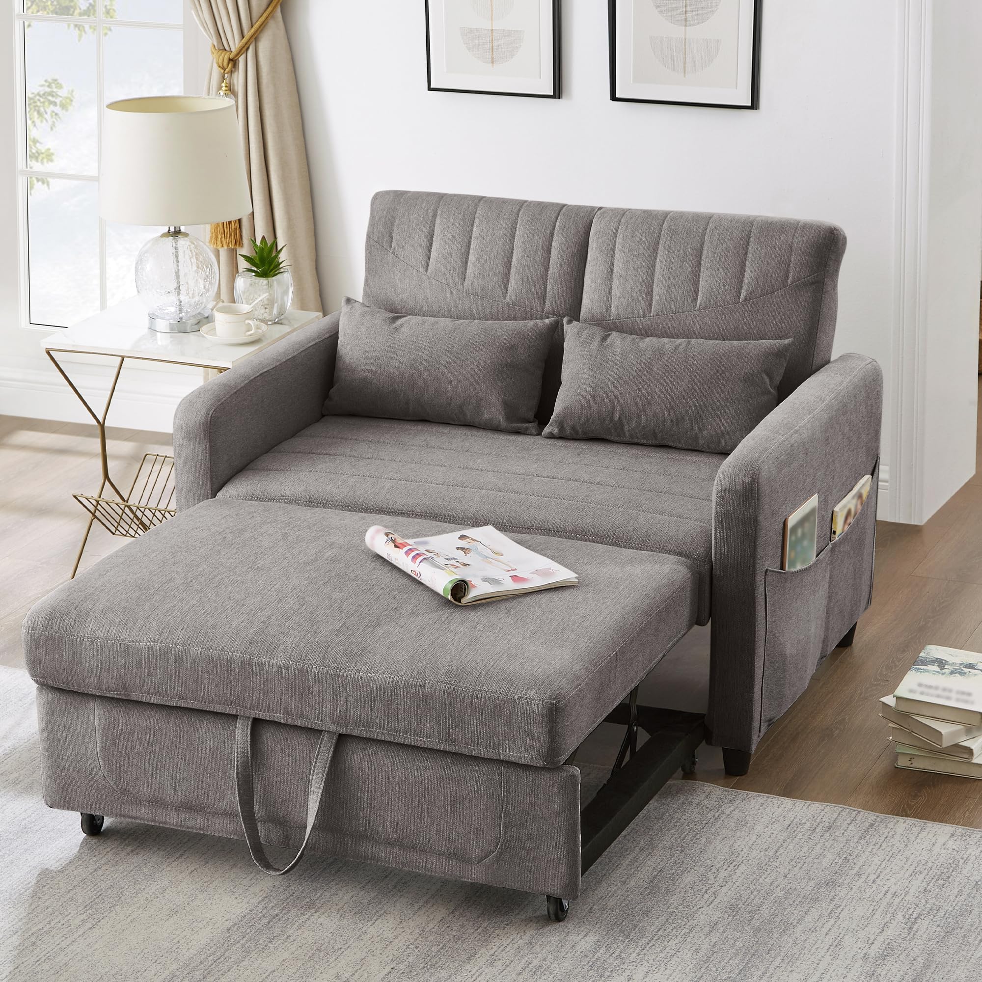 Divano letto a 2 posti con funzione letto, divano pieghevole con schienale regolabile, effetto velluto grigio, 130 x 78 x 79 cm per soggiorno | Leroy Merlin