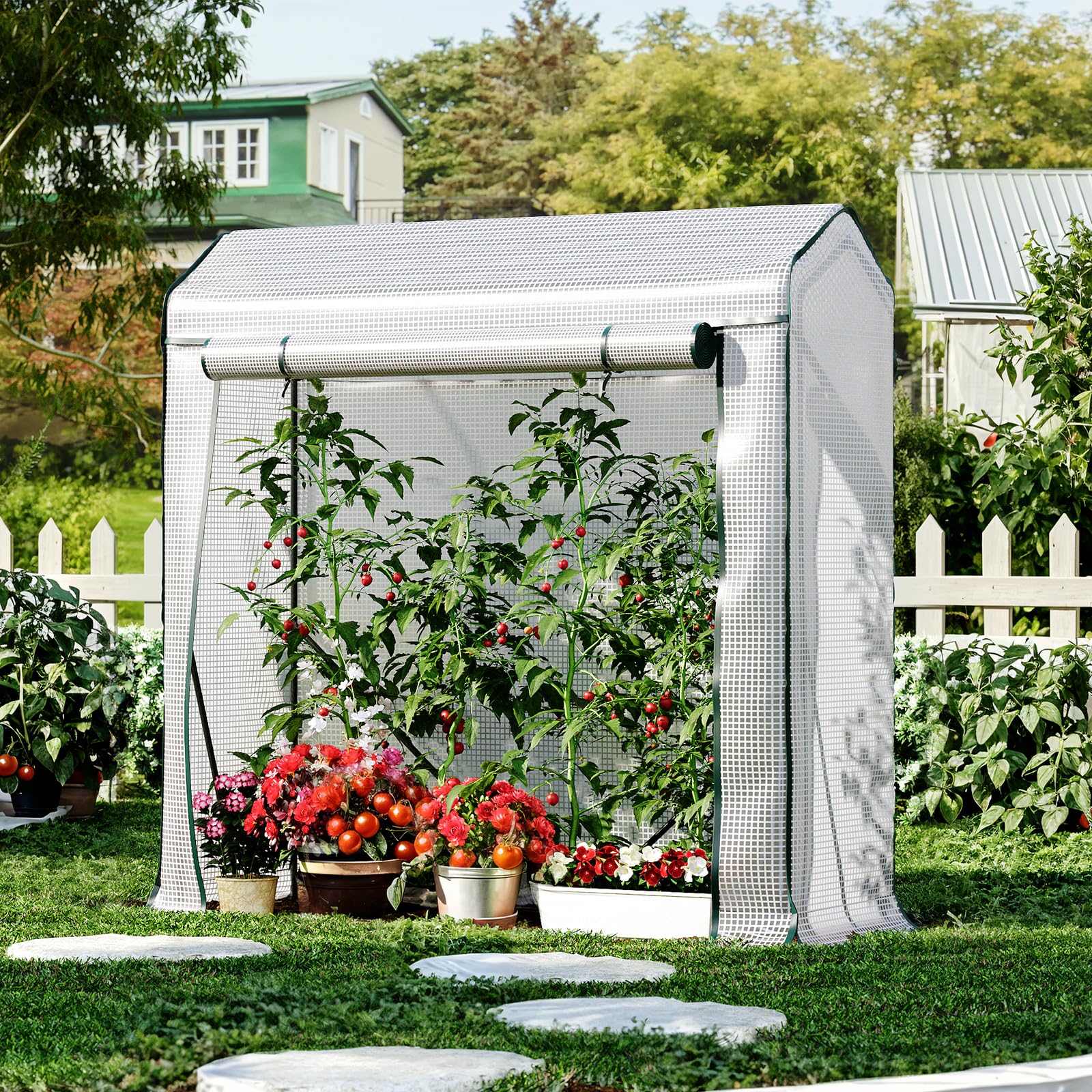 LARMNEE Serra da Giardino in PE con Tetto a Punta, 150 x 50 x 150 cm, con Porta Arrotolabile, Anti UV, per Pomodori, Frutta, Fiori, Piante, per Cortile, Esterni, Bianco EWT31GH02
