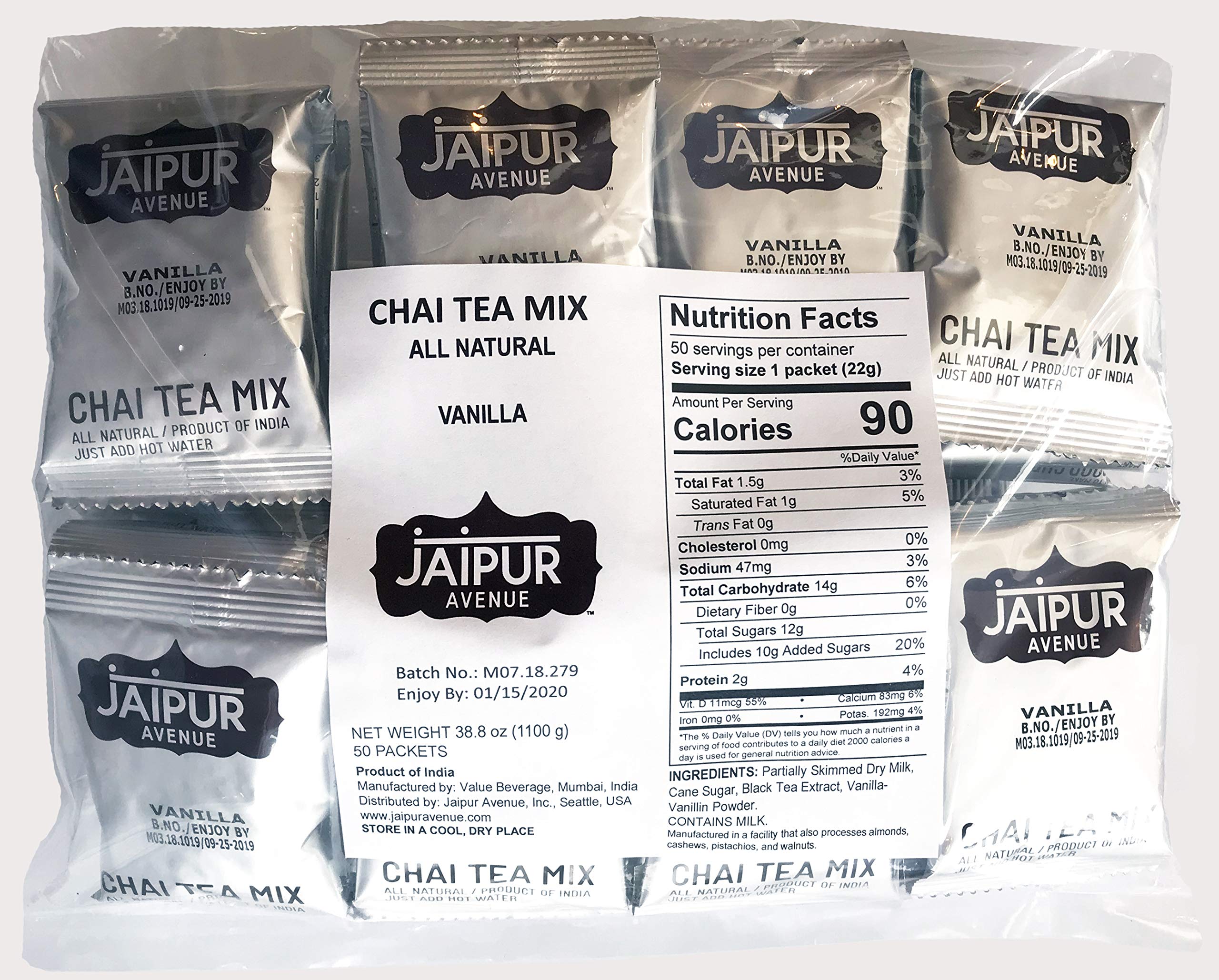 Jaipur AvenueVanilla Chai Tea Mix Crafted with All-Natural Assam Black Tea, Vanilla, Cane Sugar, and Premium Dry Milk - Preservative-Free, Gluten-Free, Authentic Indian Chai Tea Latte (50-Count Bag)