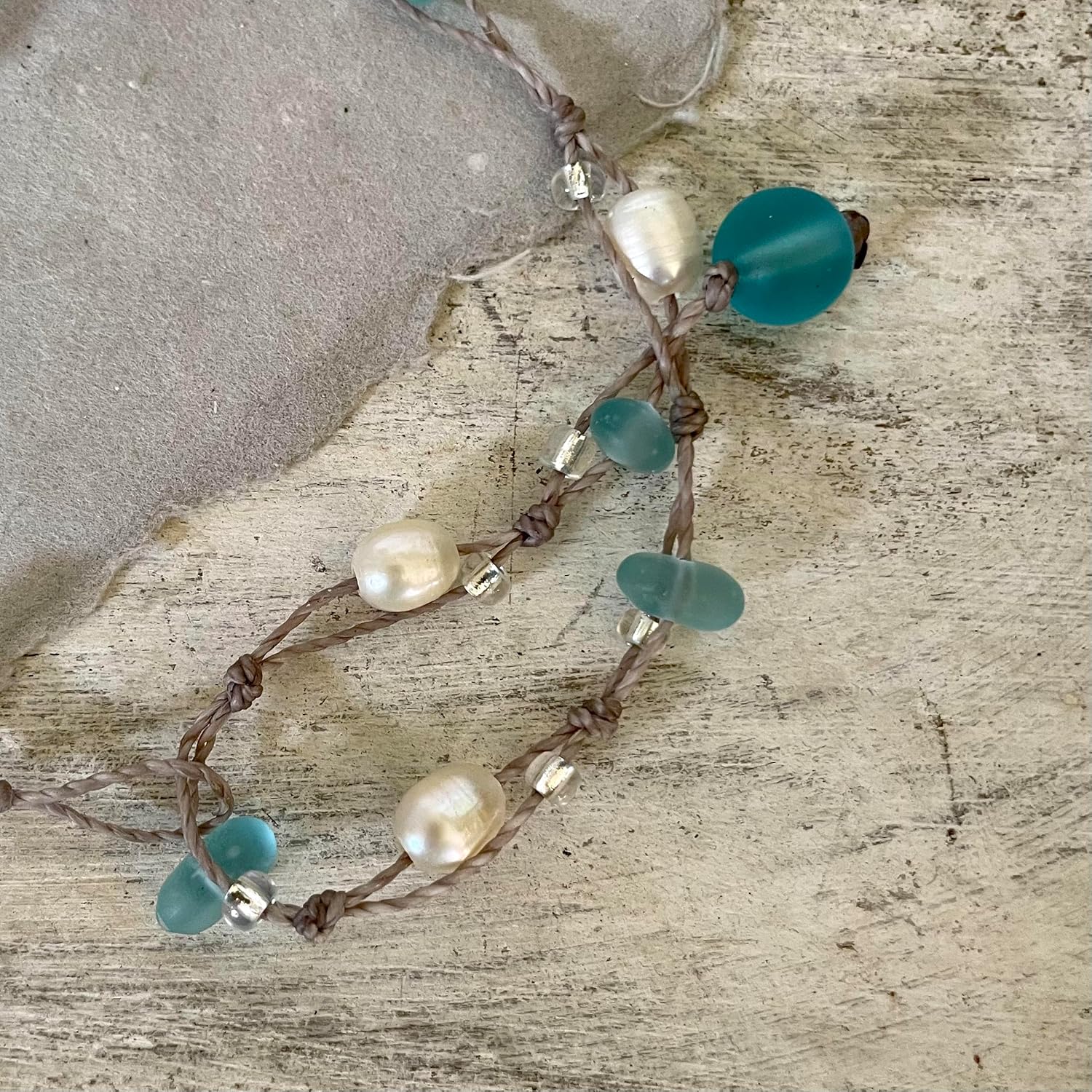 Beach Soul Sea Glass Bracelet or Ankle Wrap with Aqua Blue Glass and Freshwater Pearls, 11" Wrap, Beachy Boho Jewelry for Women, Handmade