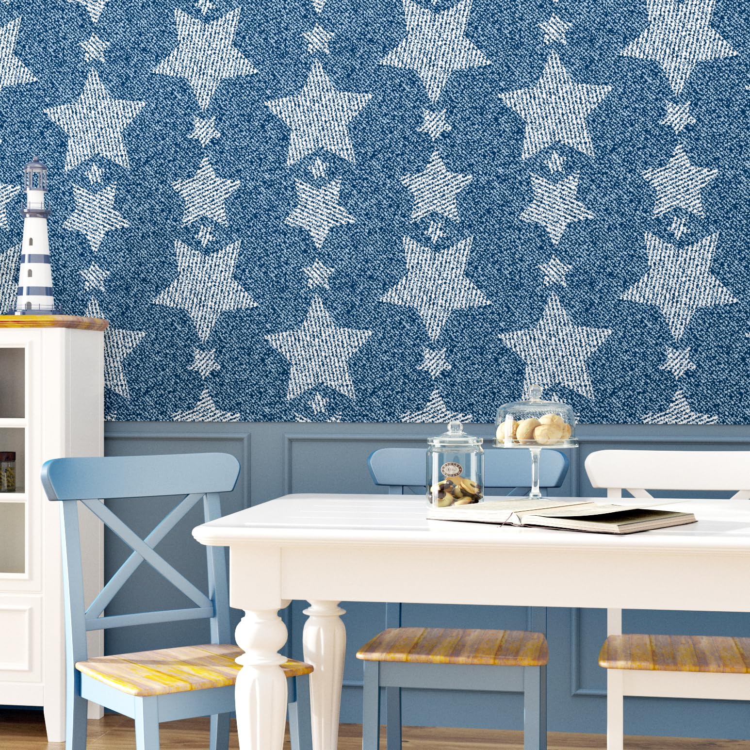 Skyblur Blue Star Wallpaper Peel and Stick Star Fun Geometric Contact Paper for Cabinets Locker Renter Friendly Blue Wallpaper for Bedroom Kids Room
