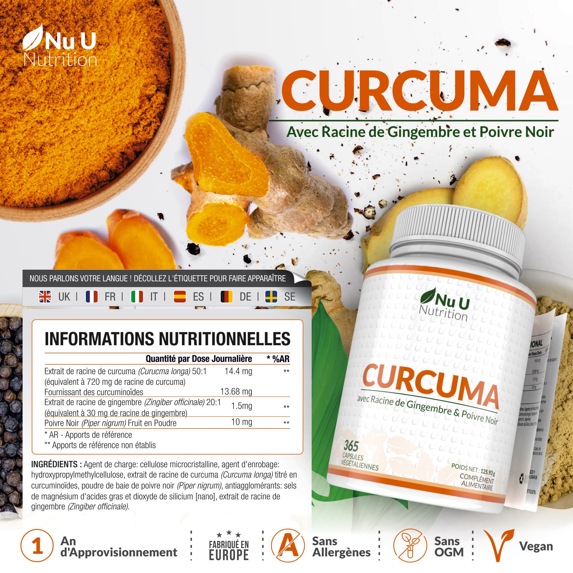 Curcuma Gingembre et Poivre Noir - 365 Gélules Vegan (1 An) - 95% de Curcumine - 720mg de Curcuma par Gélule de Haute Absorption - Fabriqué en Europe - Nu U Nutrition