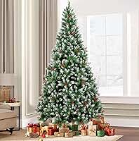 Árvore de Natal, 2.1M Arvore de Nata 1300 Galhos, Decoração de Natal, Árvore de Natal com Pinhas, Cerejas e Neve, com Base de Metal