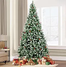 Árvore de Natal, 2.1M Arvore de Nata 1300 Galhos, Decoração de Natal, Árvore de Natal com Pinhas, Cerejas e Neve, com Base de Metal
