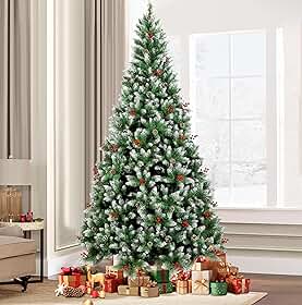 Árvore de Natal, 2.1M Arvore de Nata 1300 Galhos, Decoração de Natal, Árvore de Natal com Pinhas, Cerejas e Neve, com Base de Metal