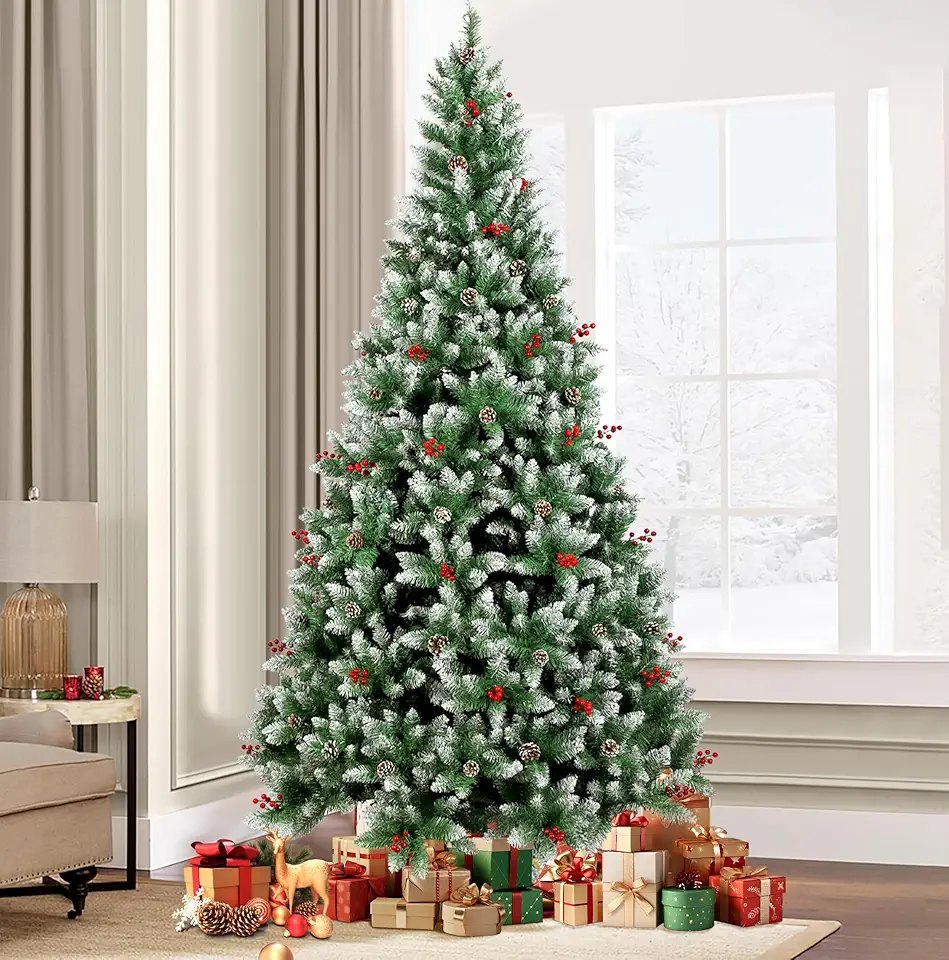 Árvore de Natal, 2.1M Arvore de Nata 1300 Galhos, Decoração de Natal, Árvore de Natal com Pinhas, Cerejas e Neve, com Base de Metal