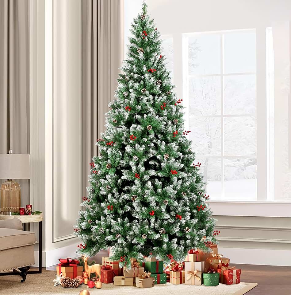 Árvore de Natal, 2.1M Arvore de Nata 1300 Galhos, Decoração de Natal, Árvore de Natal com Pinhas, Cerejas e Neve, com Base de Metal