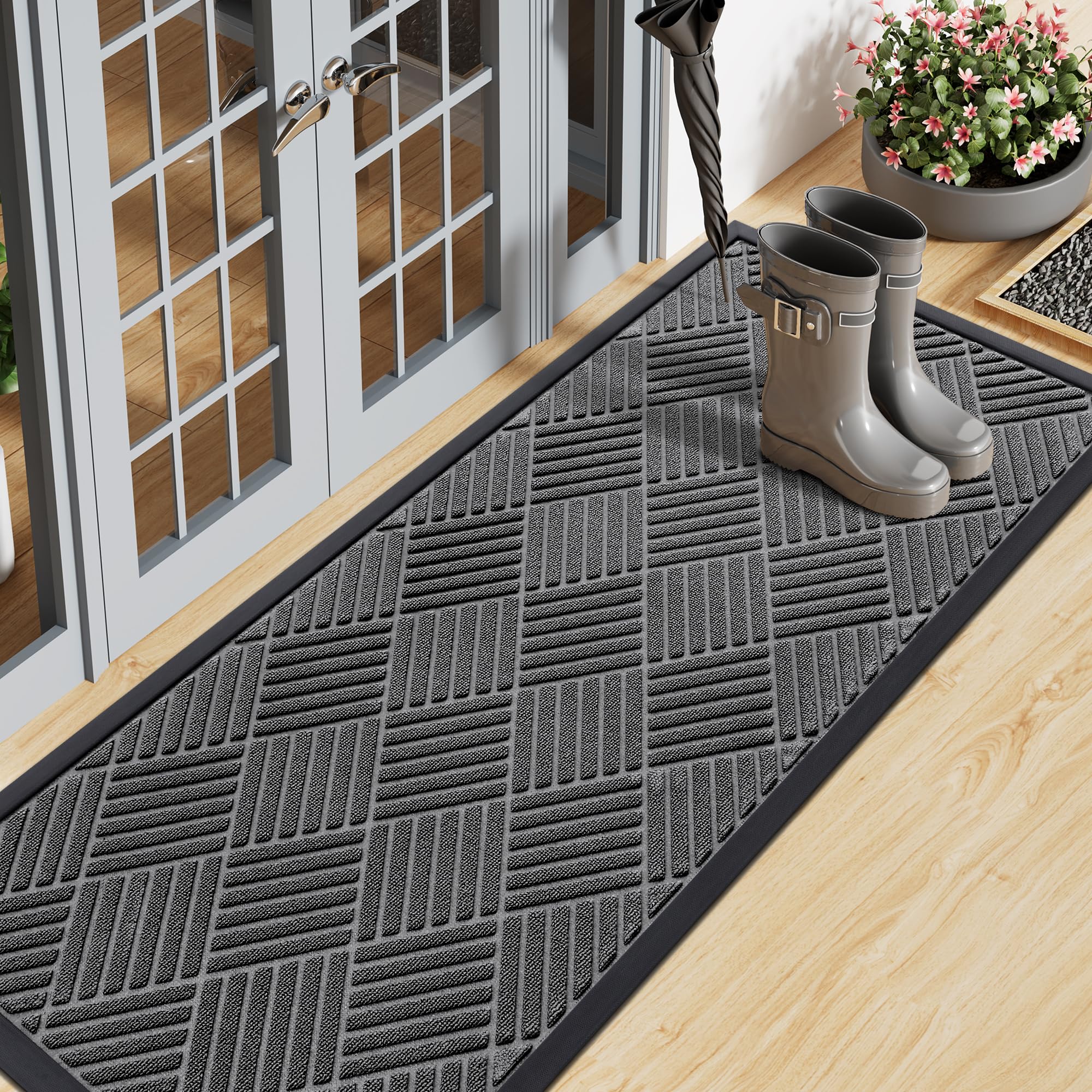 Smiry Front Door Mat Outside Entrance, Heavy Duty Outdoor Indoor Natural Rubber Doormat, Non Slip, Trap Dirt and Moisture, Easy Clean, Low Profile