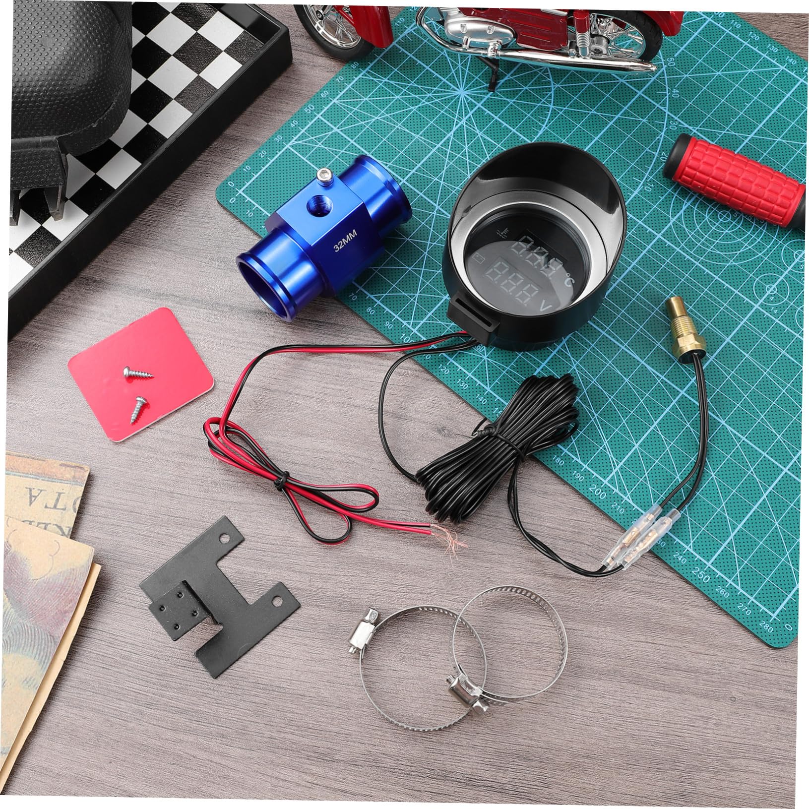 Jauge de Température Eau et Voltmètre LED Ronde Compacte avec Adaptateur Kit de Manomètre pour Voiture Moto Camion Installation Facile DIY Affichage Clair et Double Fonction