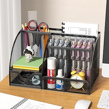 Mesh desk organiser, Versatile Stationery Storage Desktop Organiser Pen Holder with Drawer, Stationary Organiser for School Home Office desktop supplies (Black)
