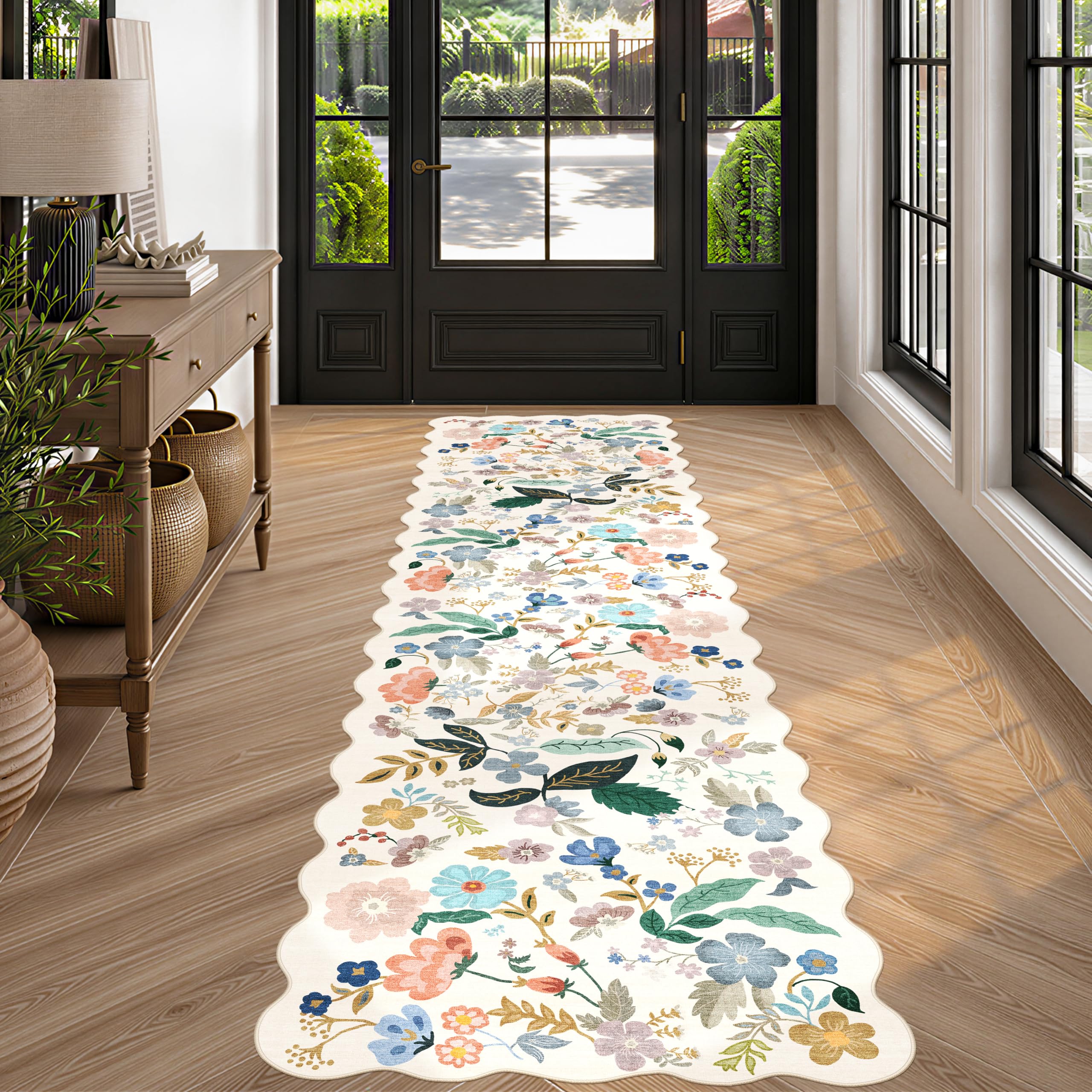HY HAOYUNLAI Washable 2'6x10 Hallway Runner Rug Low Pile Scalloped Carpet