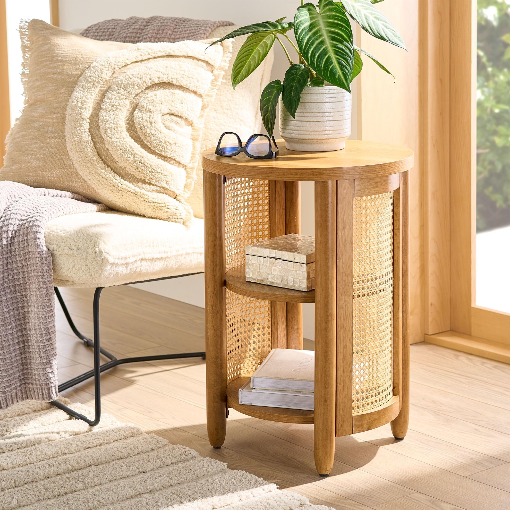 evo furniture mid-century modern round side table with cane panels | solid mango wood & rattan accent end table with 2-tier storage shelves | wooden bedside table for living room, bedroom & home décor