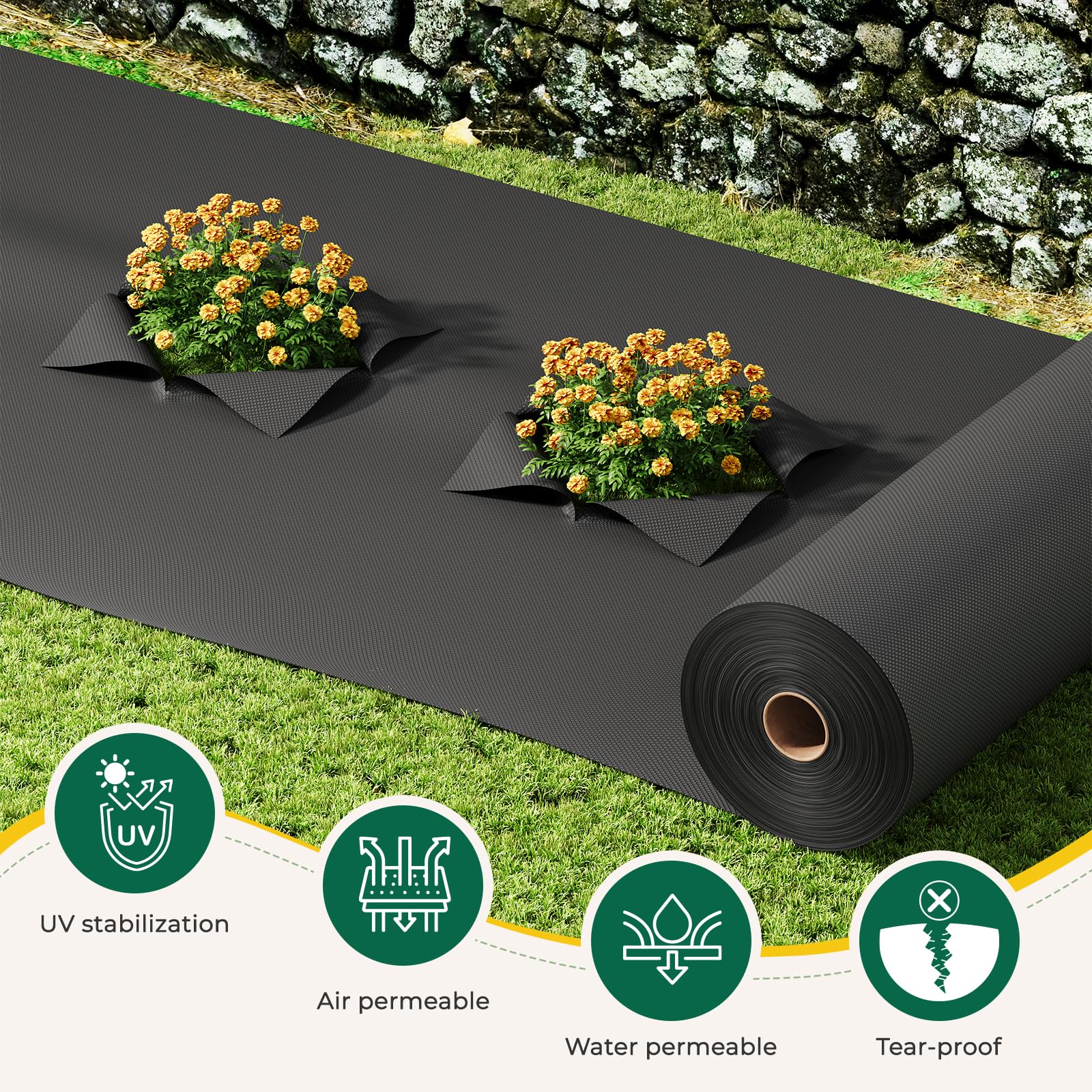 Unkrautvlies Gartenvlies 100g/m² gegen Unkraut, 1mx50m Unkrautvlies Rolle für Garten, Unkrautfolie Wasserdurchlässig, Reißfestes Unkrautflies mit hohe UV-Stabilisierung