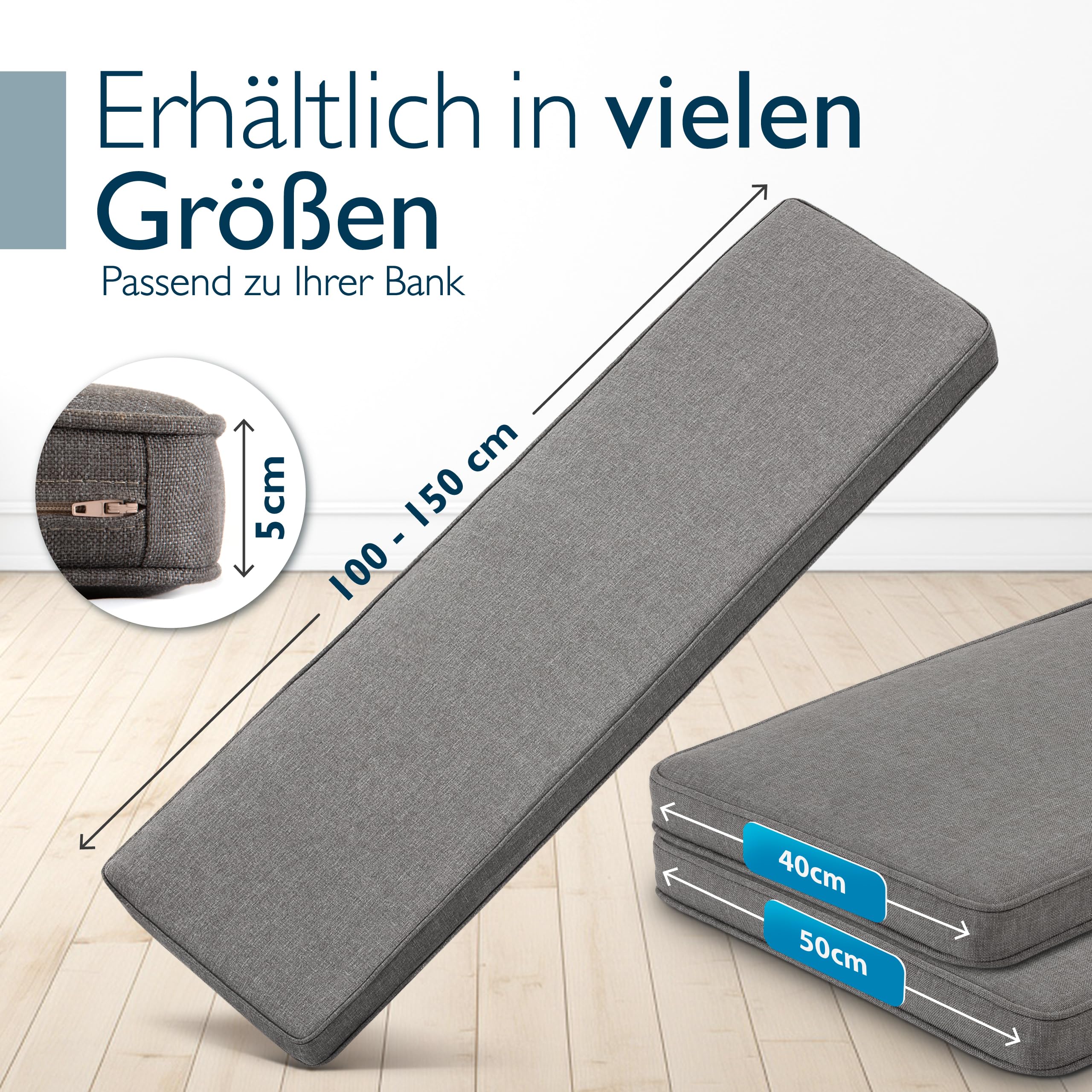 Beautissu Bankauflage Outdoor 110x50 cm Bankkissen Wetterfest - UV-Beständig Pflegeleicht Gartenbank Sitzkissen waschbar – 5cm dick Bankpolster Bezug abnehmbar Gartenmöbel Hellgrau – Calme BK