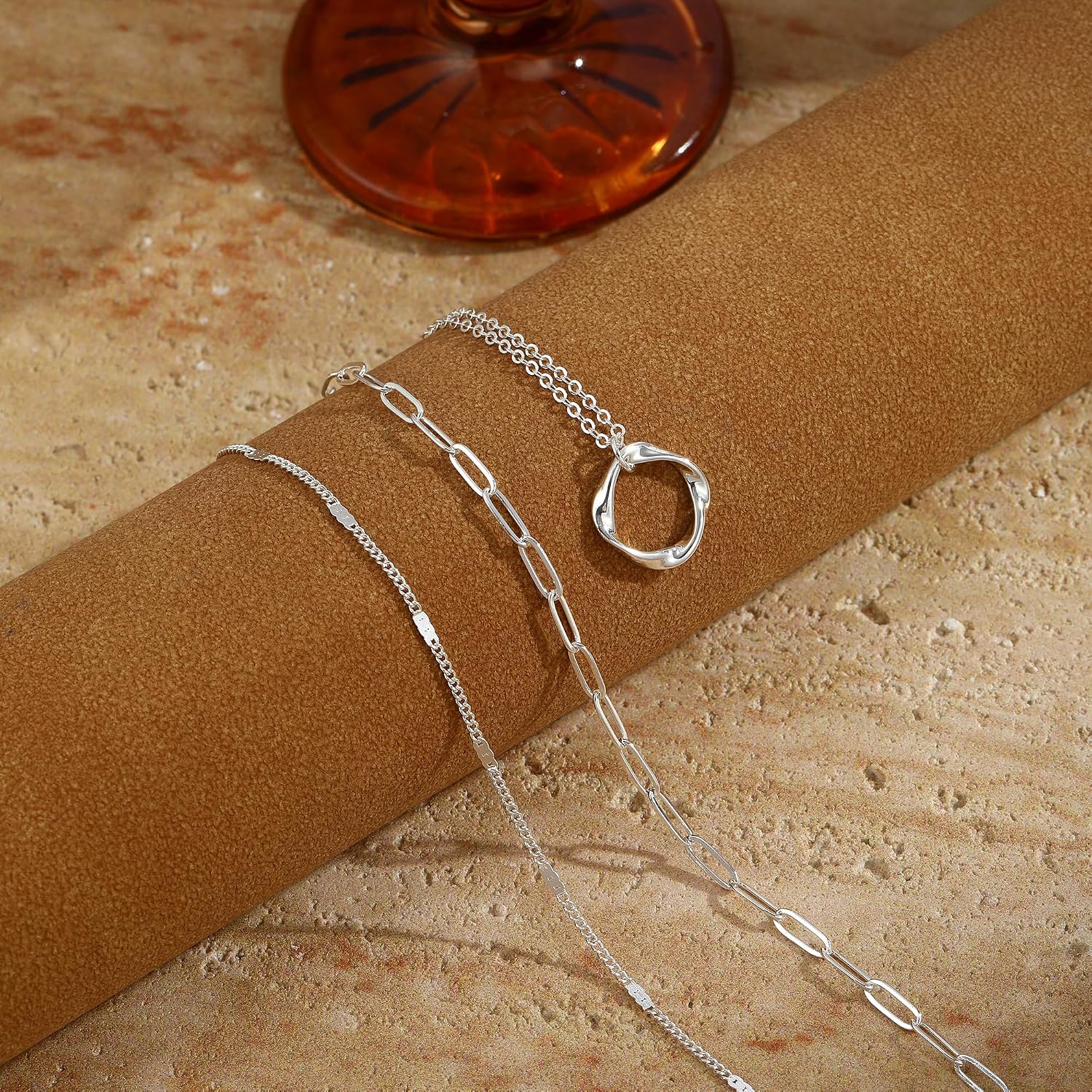 MFRYK Silver Layered Necklace Set for Women,Circle Pendant&Paperclip Chain image 5