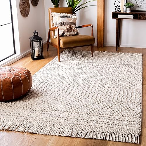 SAFAVIEH Natura Collection - Alfombra de área de 6 x 9 pies, marfil con flecos de lana marroquí bohemia, hecha a mano, ideal para zonas de alto