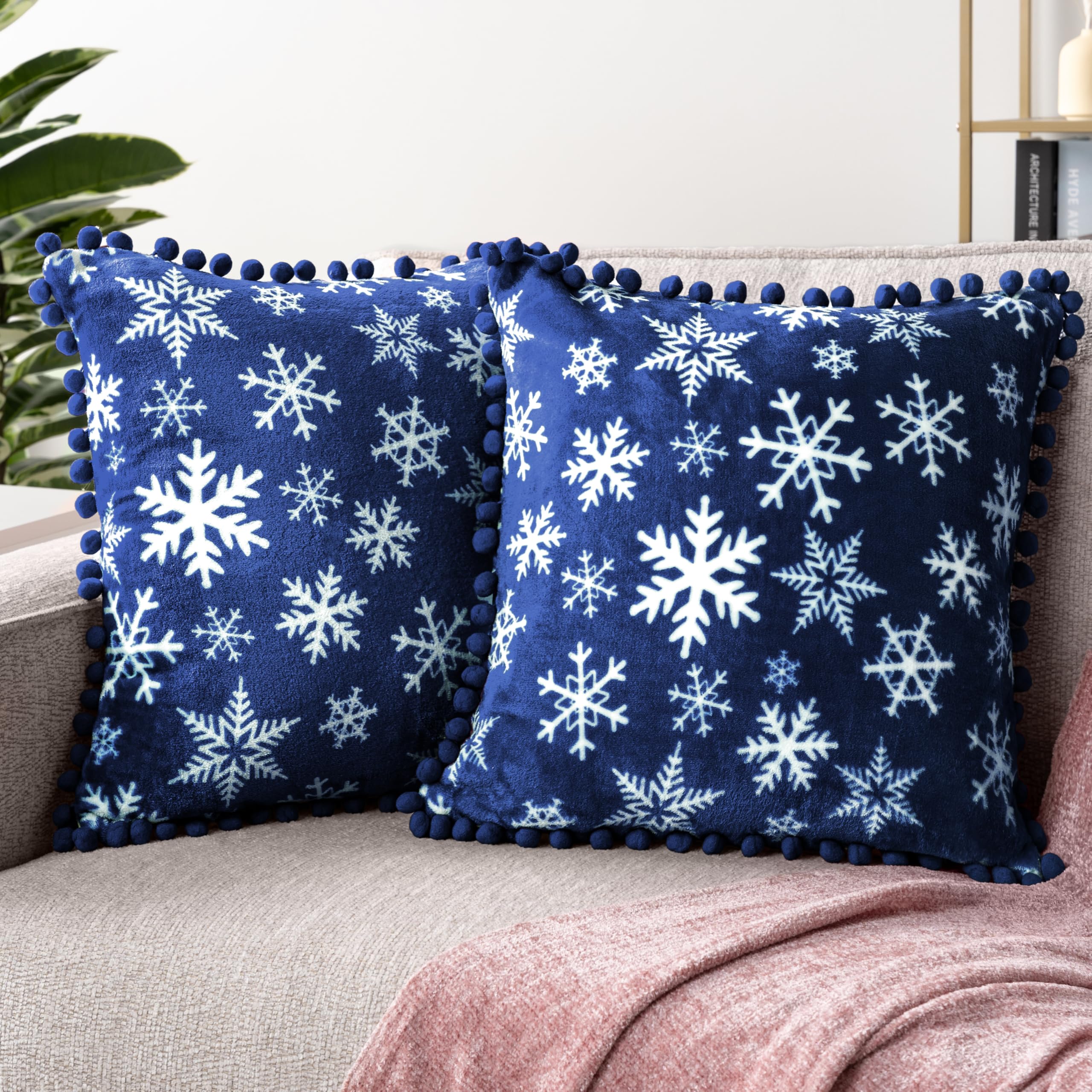 Pavilia Snowflake Blue Throw Pillow Covers With Pom Pom 18X18 Set Of 2, Christmas Decorative Pillow Cases For Bedroom, Holiday Small Pillows Set For Bed, Velvet Winter Plush Cushion Covers Sofa Couch