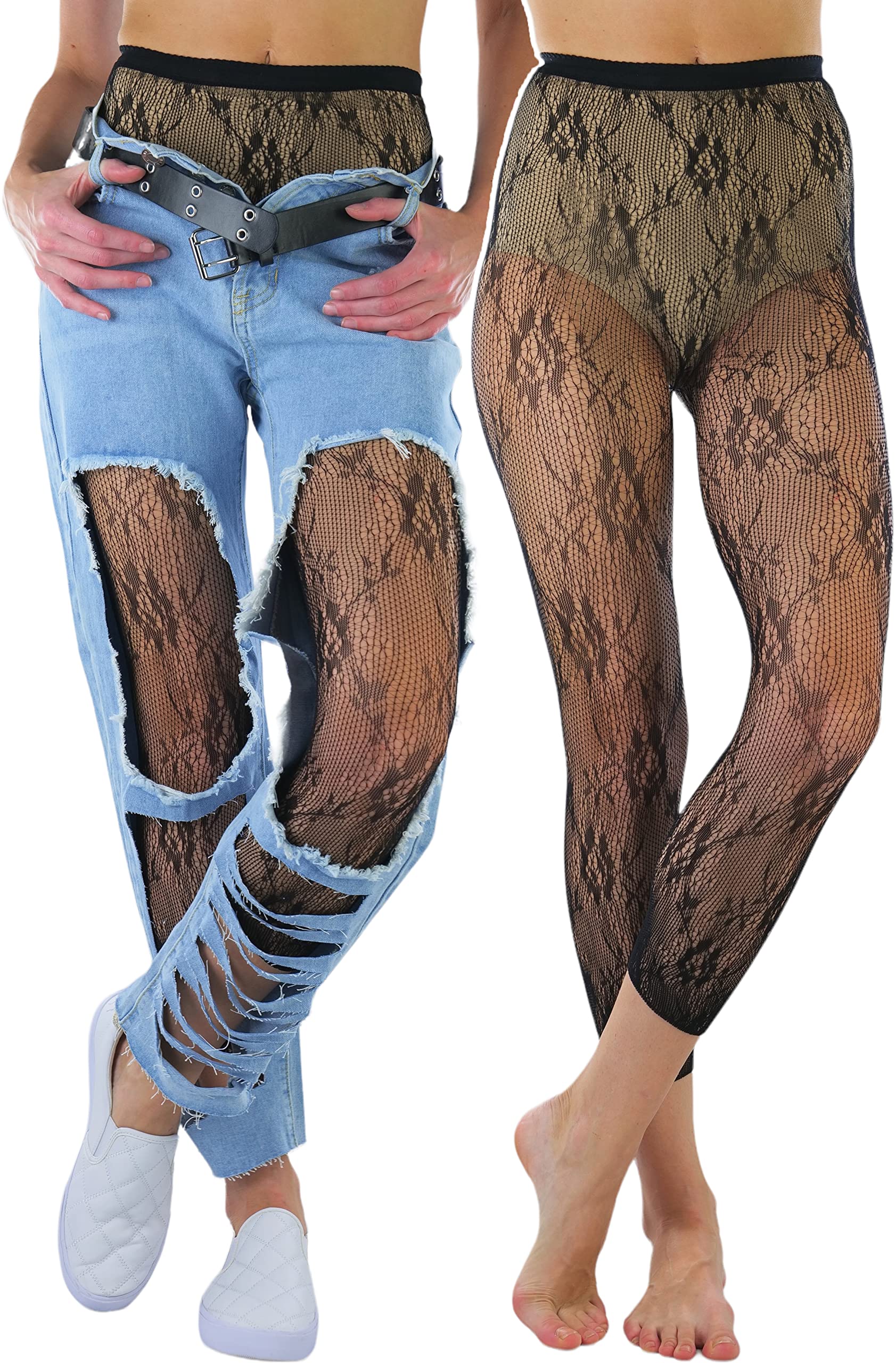 ToBeInStyle Women's Single Floral Lace Fishnet Tights Footless &amp; Stirrup Design