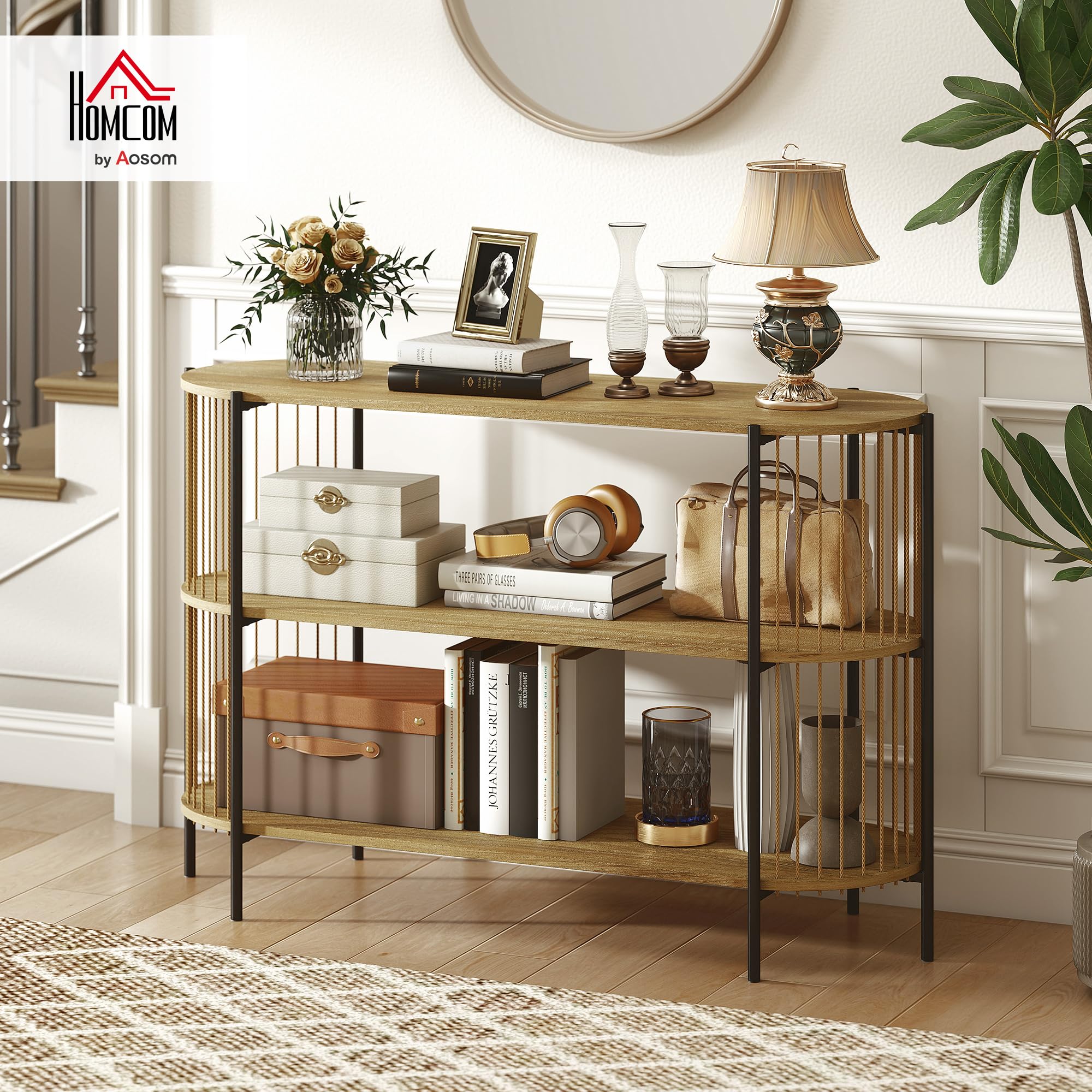 HOMCOM Mesa de Consola Consola Recibidor 124x43,5x80 cm Natural | Cuerda de Papel Trenzada a Mano, 3 Niveles, Marco de Acero, Estilo Bohemio, para Entrada Sala de Estar