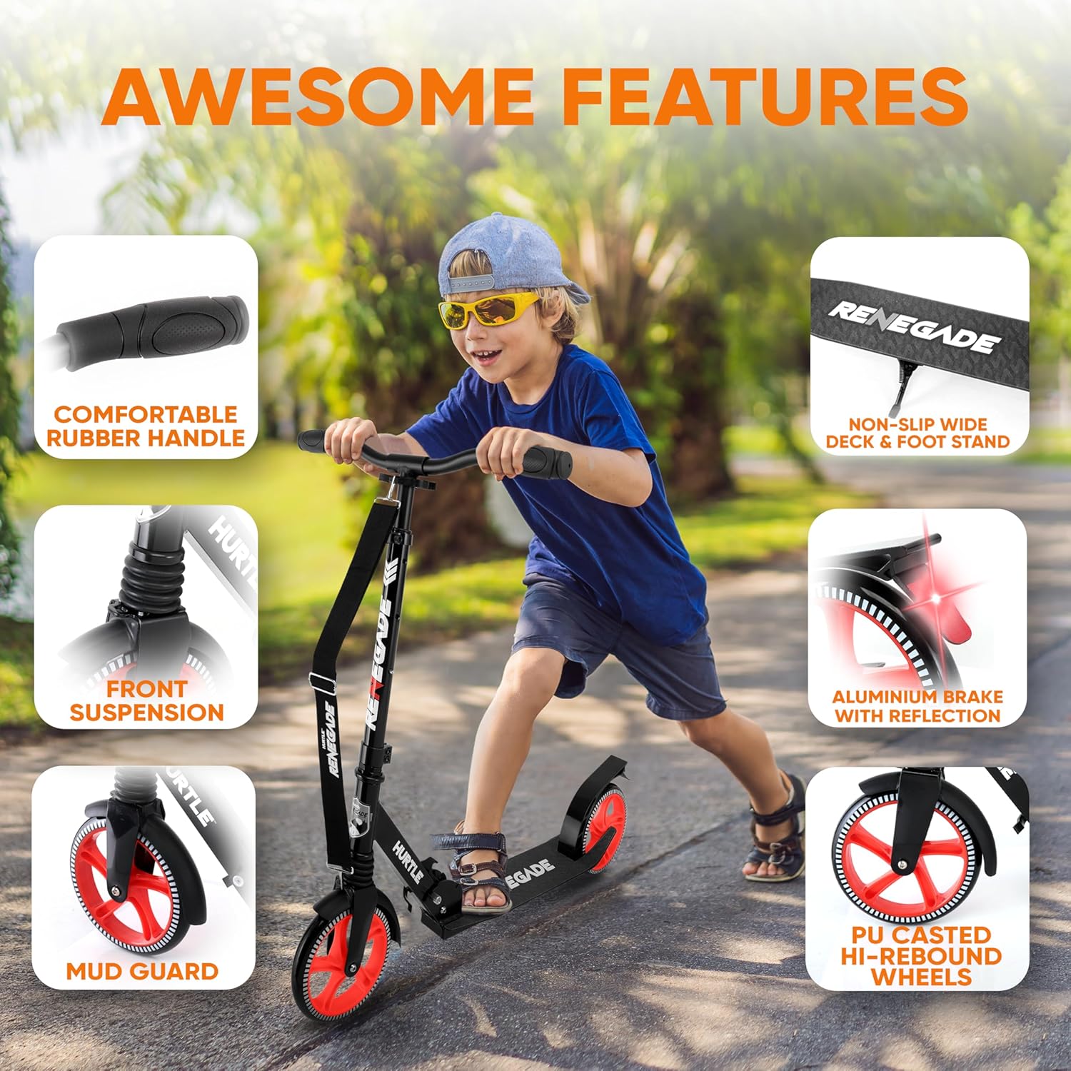 Hurtle Renegade Kick Scooter for Kids, Teenagers & Adults - 2-Wheel Folding Scooter with Adjustable T-Bar Handlebar - Alloy Anti-Slip Deck