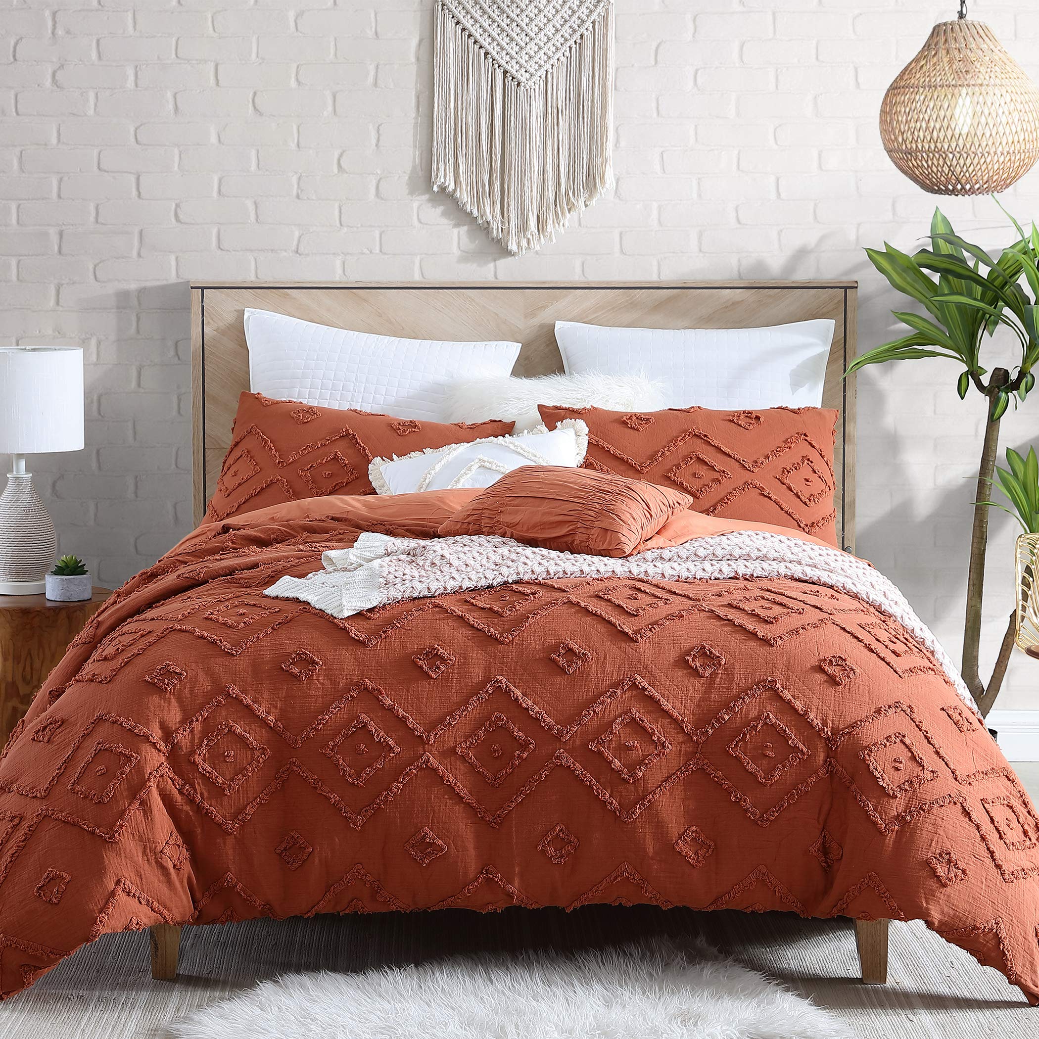 Swift Home Rukai 100% Cotton Washed Clip Jacquard Gauze 5-Piece Bedding Comforter Set, All Season & Breathable, Oeko-TEX Certified – Rust, King