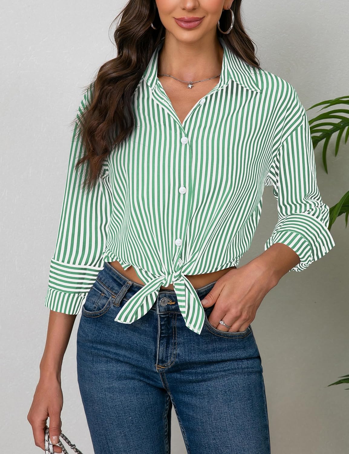 Diosun Womens Striped Button Down Shirts Classic Long Sleeve Stylish Collared Office Work Blouses Tops - Image 4