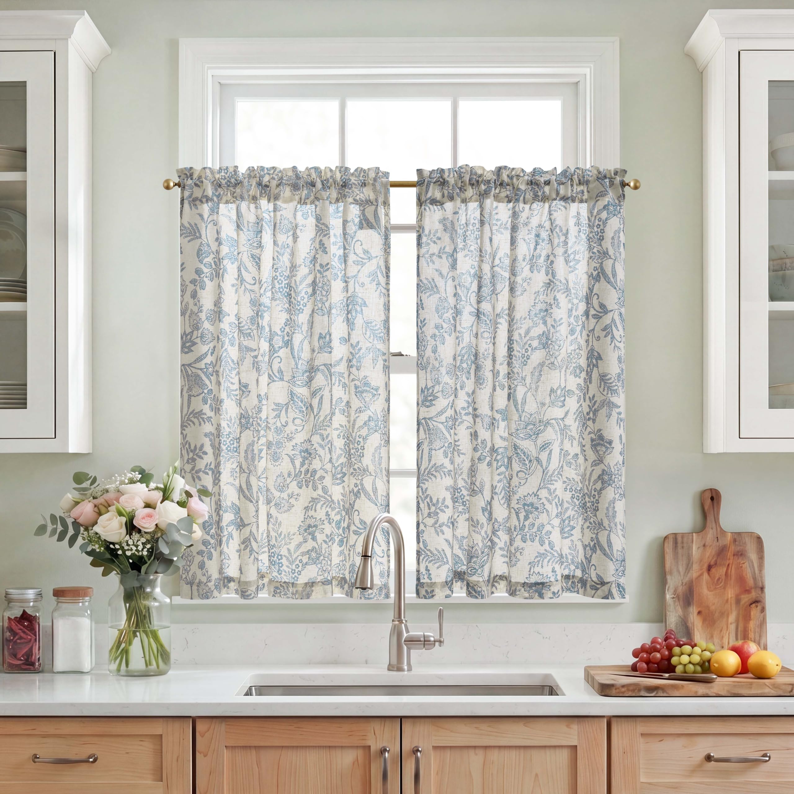 TOPICK Kitchen Curtains 36 Inch Drop with Botanic Blue Floral, Linen Look Short Cafe Curtains, Light Filtering Small Window Curtain Tiers for Cupboard Base, Sink, Basement, Bistro, W36 x L36 Inch