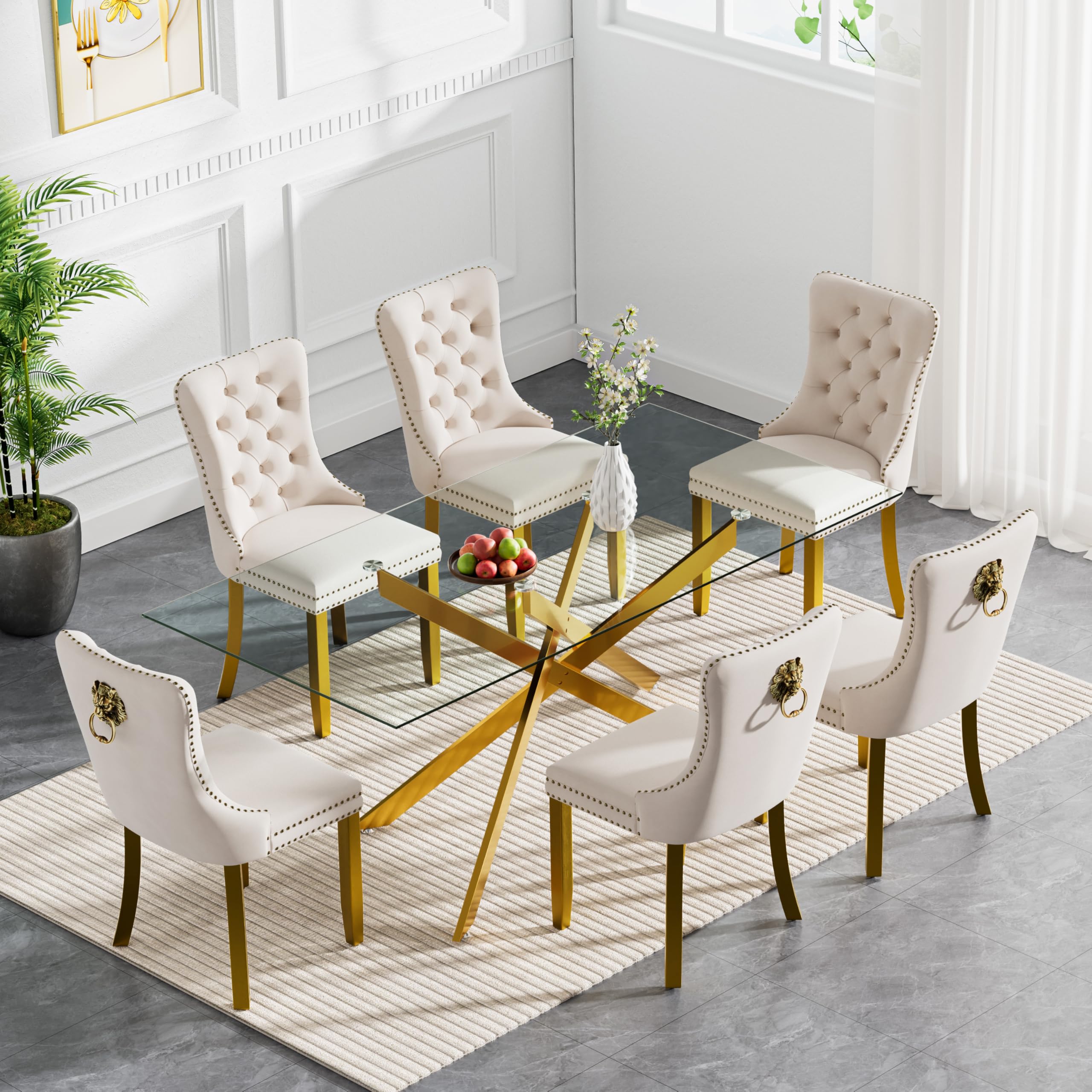 Pvillez 7 Piece Dining Table Set for 6, Modern Gold Glass Kitchen Table and Chairs of 6, Large Dining Room Table Set with 61" Glass Dinner Table & 6 Beige Velvet Tufted Chairs for Home Apartment