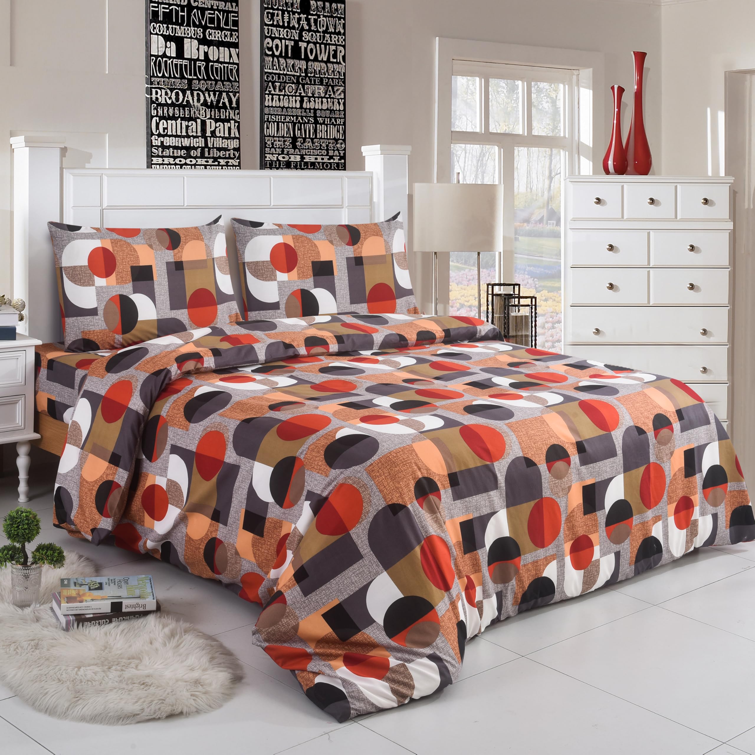 ROOEE 4PCS Complete Printed Bedding Set, 1x Duvet Cover 1x Matching Deep Fitted Sheet and 2x Pillowcase Reversible Microfibre Quilt Cover Bed Set Single Double and King Size (Madrid 116, Super King)