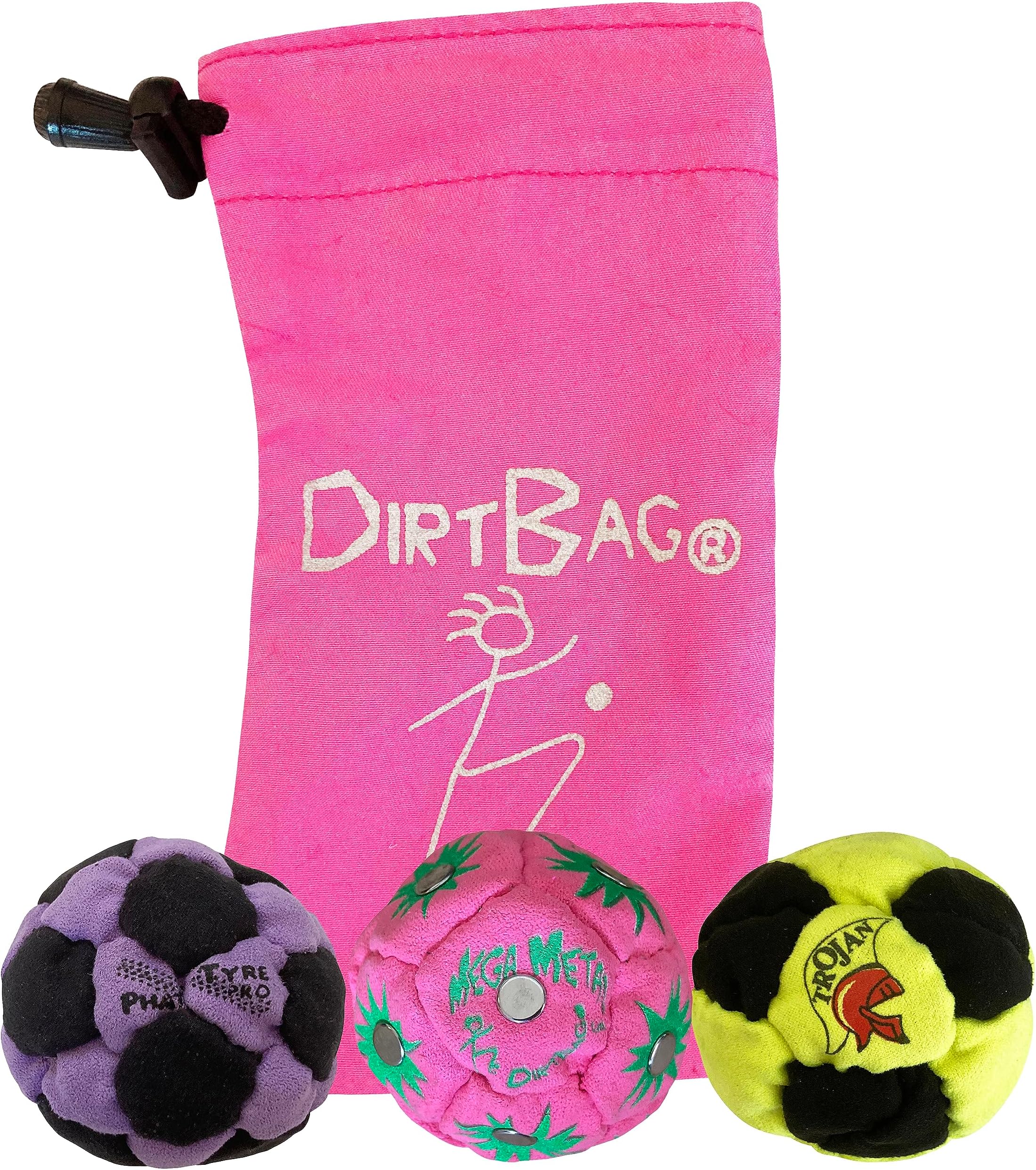 DIRTBAG Lover Footbag 3-Pack with Pouch, Includes Three Original and Unique Premium Quality Hand Sewn Footbags and Carry Pouch.