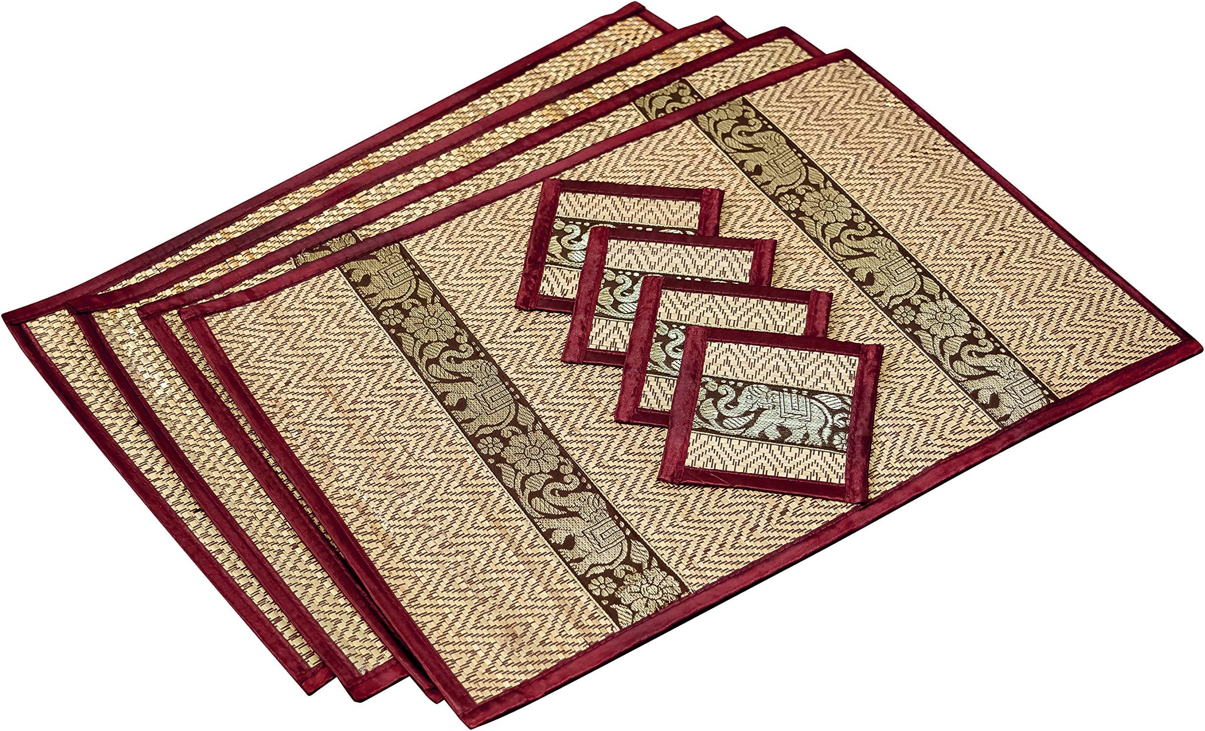 Hand-Woven Wicker Reed Placemats and Coaster Set - Eco-Friendly Alternative to Plastic - Heat Resistant - Thai Style - Durable and Easy to Clean - Perfect for Dining Table Décor - Set of 4 (Large, 100XPMWC)