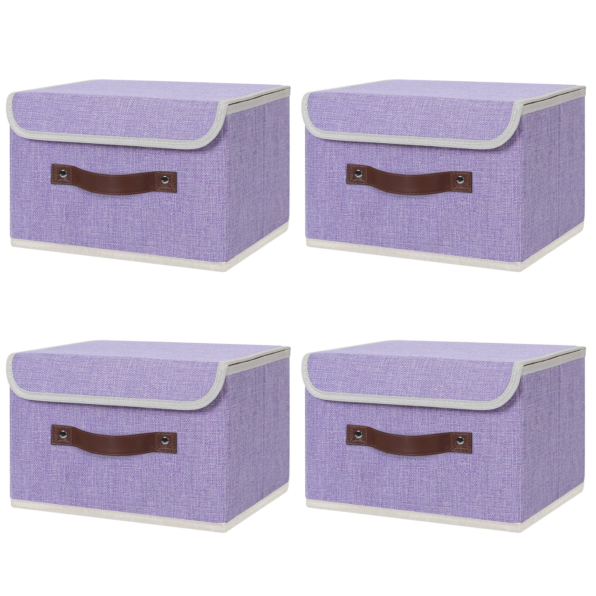 ANMINY Aufbewahrungsbox aus Stoff mit Deckel, Lila, 25,4 x 20,3 x 17,8 cm, 4 Stück | Erinnerungsspeicher, Baumwollleinen, PP-Platte verstärkt, waschbar, PU-Griffe, faltbar & stapelbar, dekorativ, klein