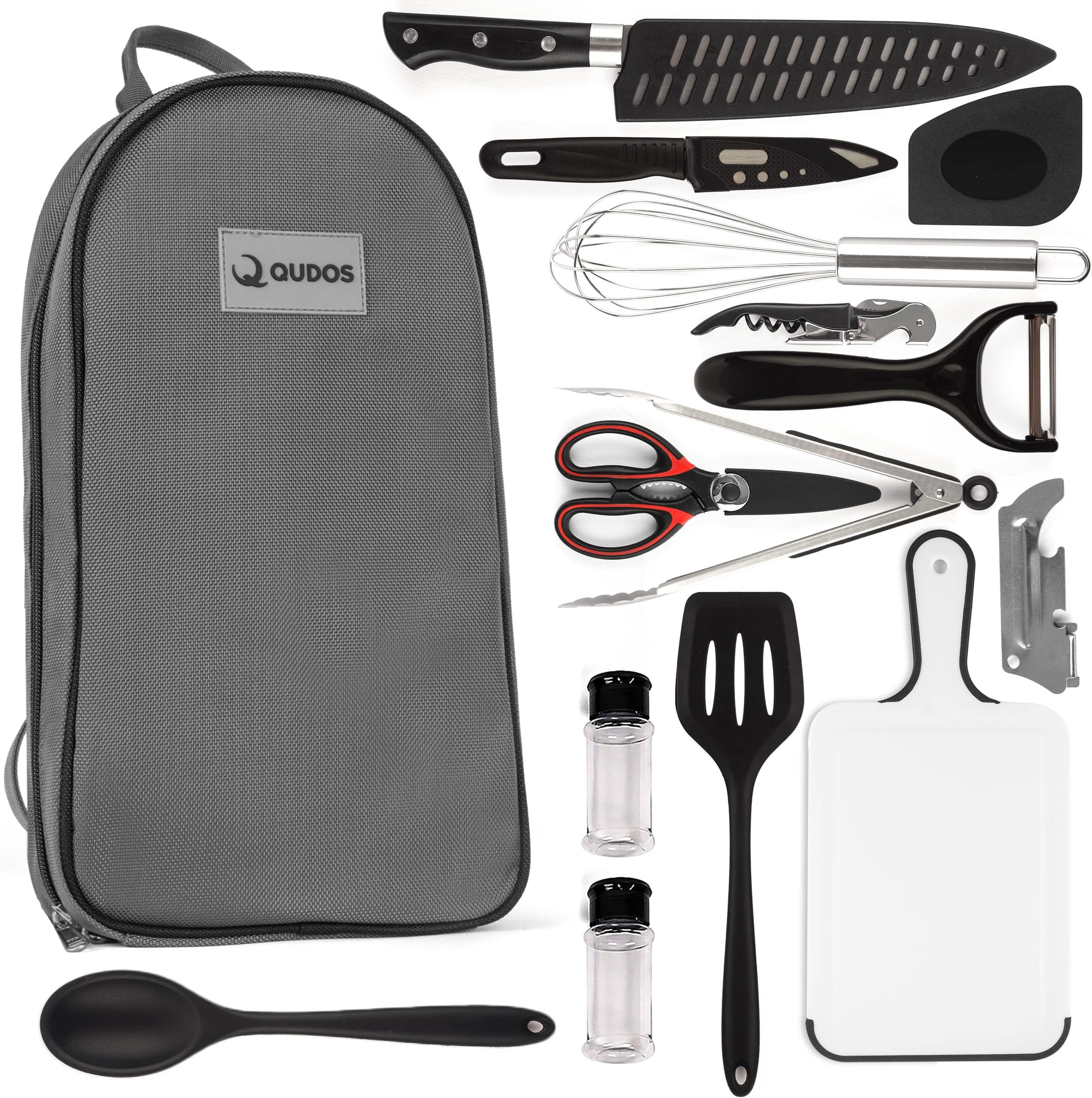 Q QUDOS Silicon Camping Cooking Set - 14 Pcs Camping Utensil Set with Portable Waterproof Polyester Case - Heat Resistant Camping Cooking Utensils for Traveling, Picnic & Camp Stuff