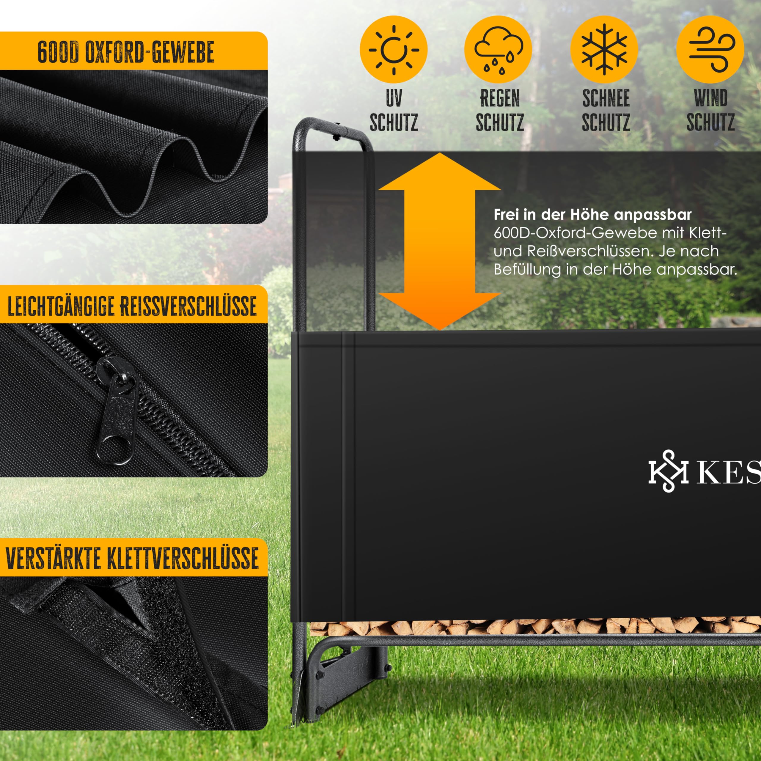 KESSER® Étagère à Bois de Cheminée en Métal - Extérieure, Cadre en Acier + Couverture & Gants - Abri de Chauffage 200kg - 130x36x117cm - 4