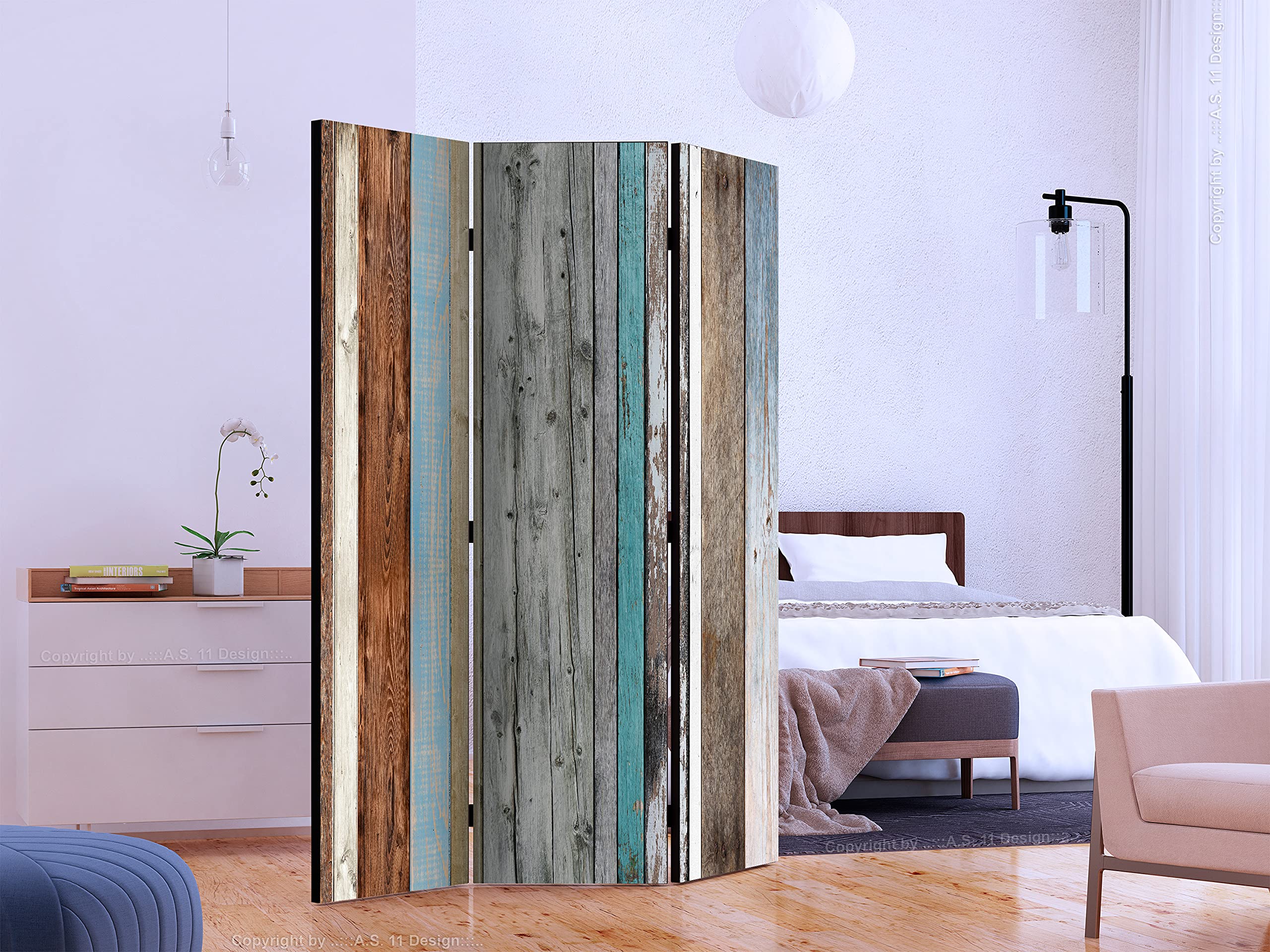 murando - Paravent Raumteiler Holzoptik, 135x172 cm, 3-teilig, Wohnzimmer