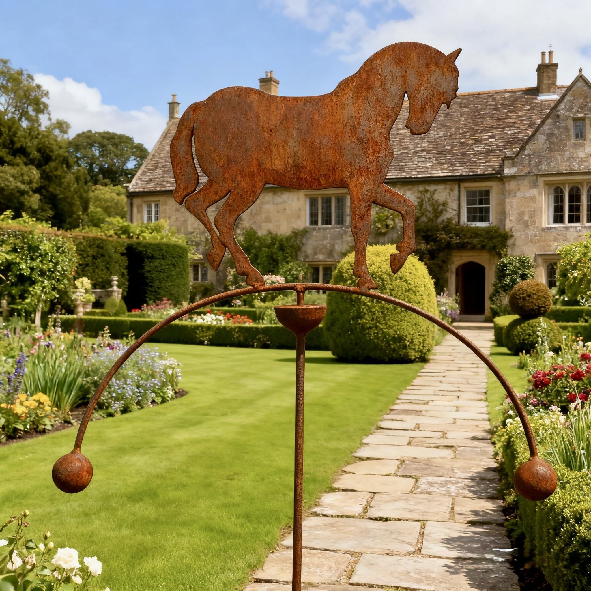 GAP GARDEN PRODUCTS - Horse feature Double Ball Metal Wind Rocker/Spinner supplied bare metal that can be painted or left to age over time to give a rustic patina finish…