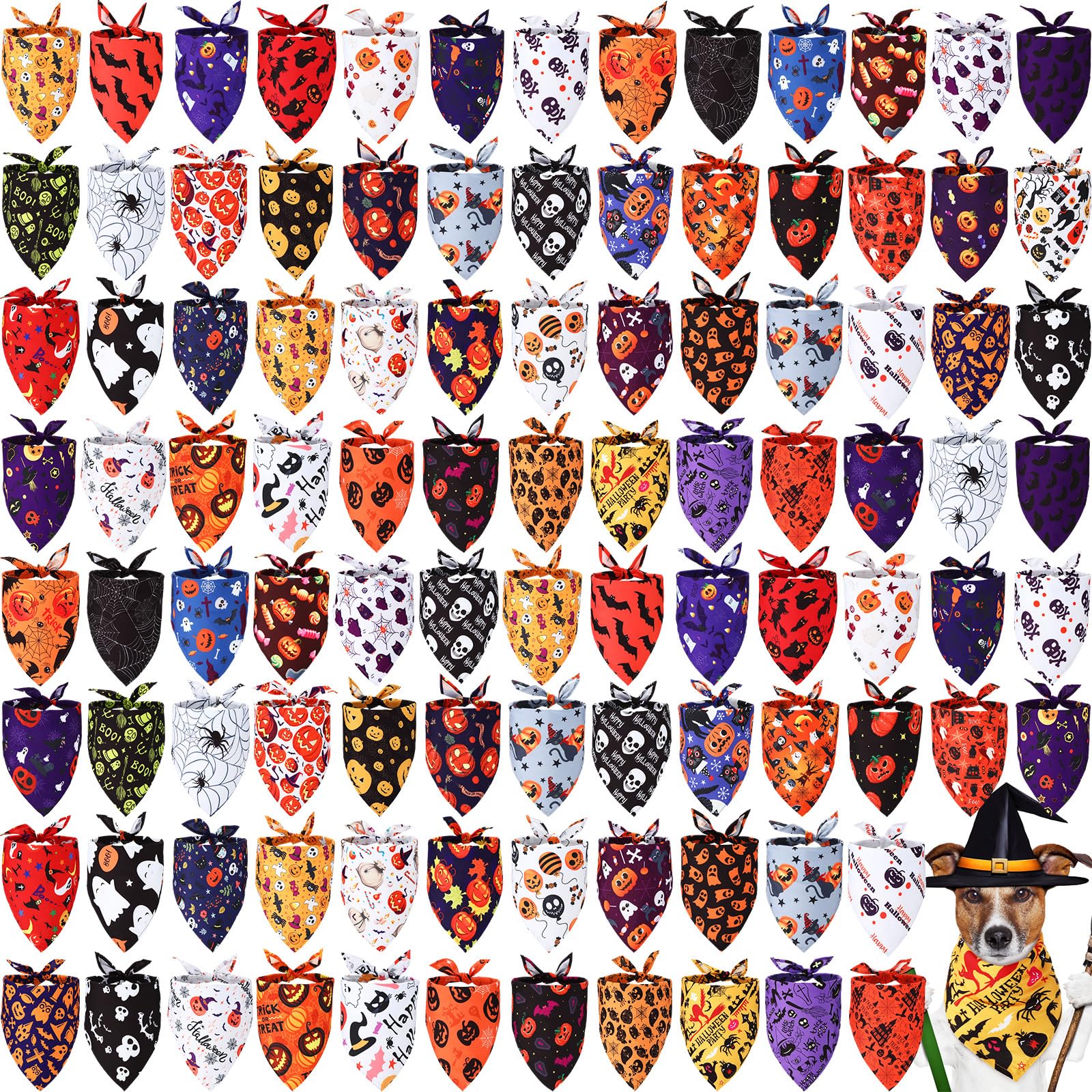 Kigeli 100 Pack Halloween Dog Bandanas Bulk Pumpkin Dog Bandanas for Dogs Triangle Scarf Dog Bibs for Small Medium Large Dog Cat Christmas Costume Decoration Accessories, 31.5 x 21.7 x 21.7 Inch