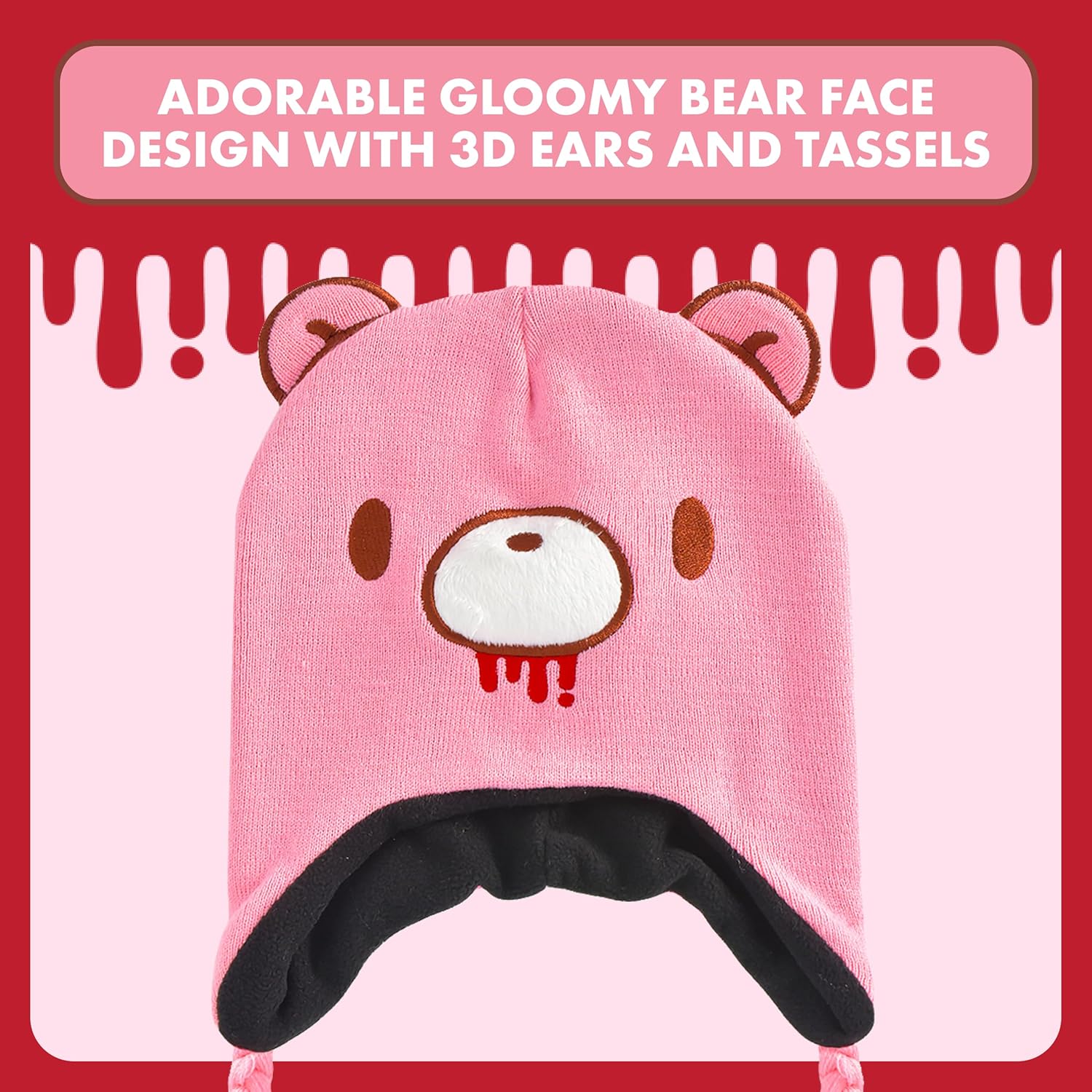 Gloomy Bear Beanie Hat, Peruvian Winter Knit Cap with 3D Ears and Tassels - Image 3