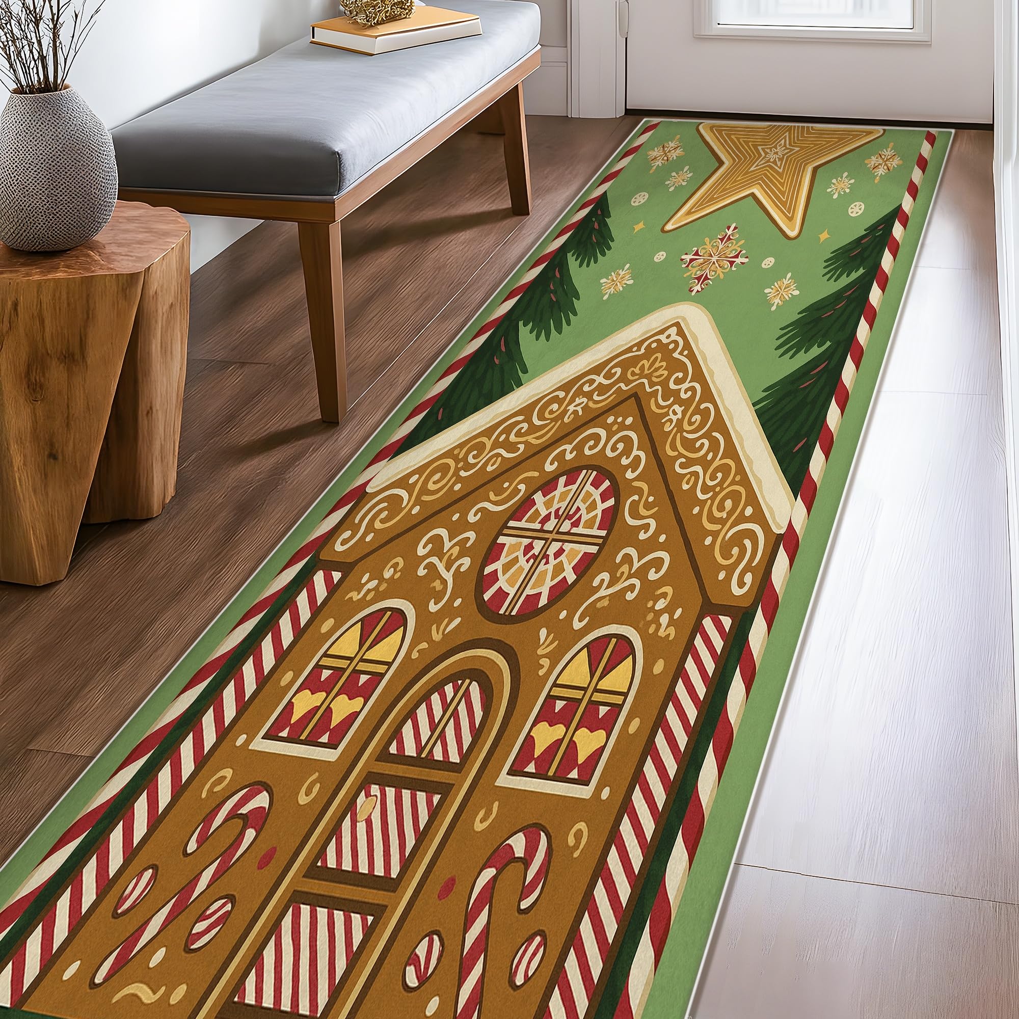 Tapis de couloir vert motif étoile de Noël antidérapant cuisine