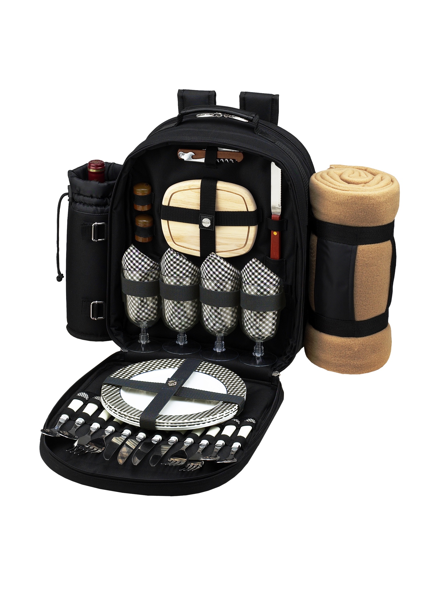 Picnic en Ascot – Deluxe equipado 4 persona mochila de picnic con enfriador, aislado para vino y manta – negro