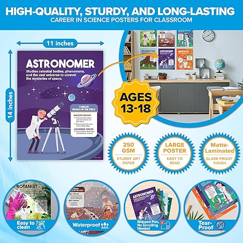 Miniatura 2 de Decorably 16 pósteres de carrera en ciencias para la escuela intermedia de 11 x 14 pulgadas, laminado mate, decoración de aula de ciencias