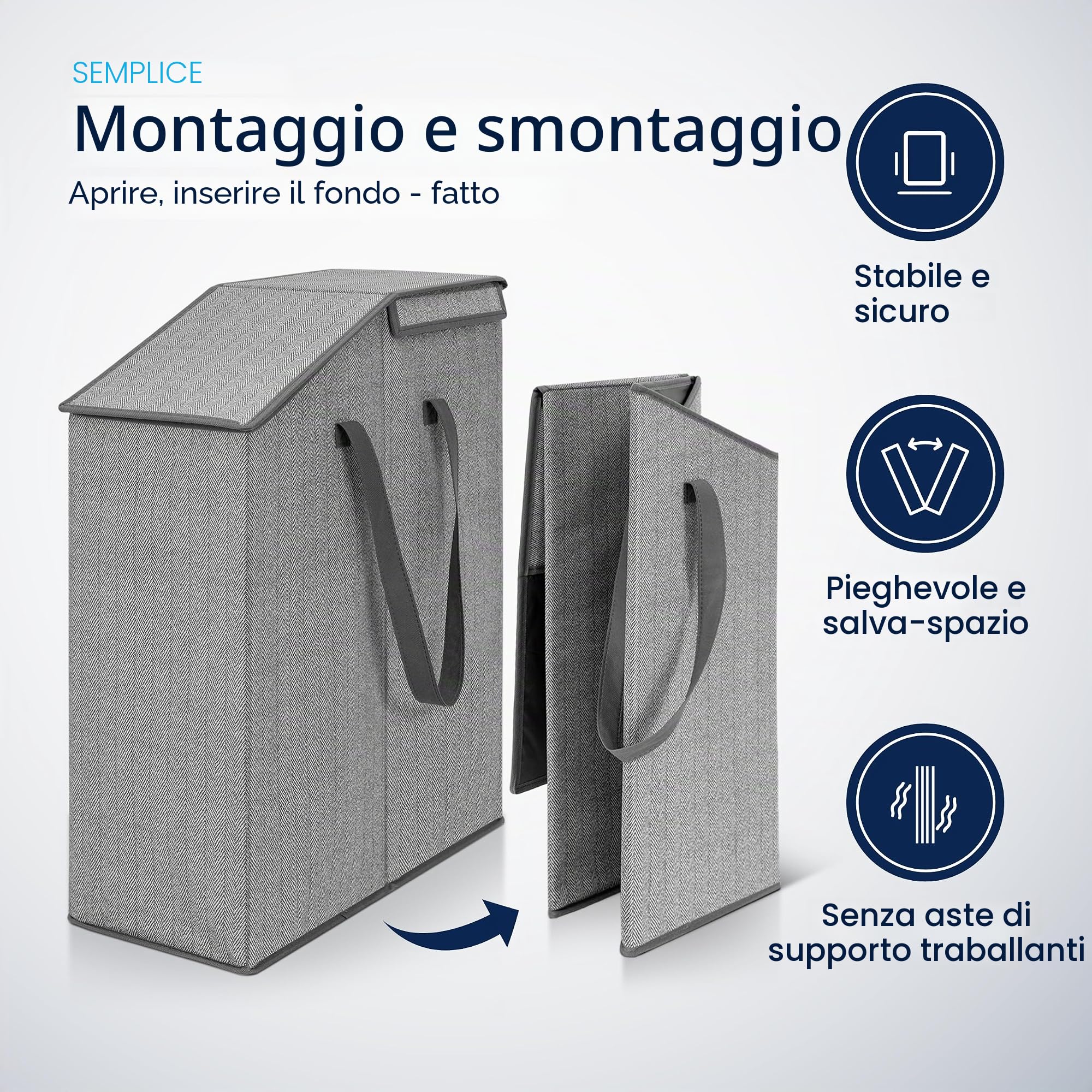 Topp4u Cesto per la Biancheria Stretto con Coperchio – Cesto per la Biancheria Pieghevole per Riti con Molto Volume – 52 Litri – 20 x 45 x 60 cm – Cestino per la Lavanderia Sottile in Design Grigio