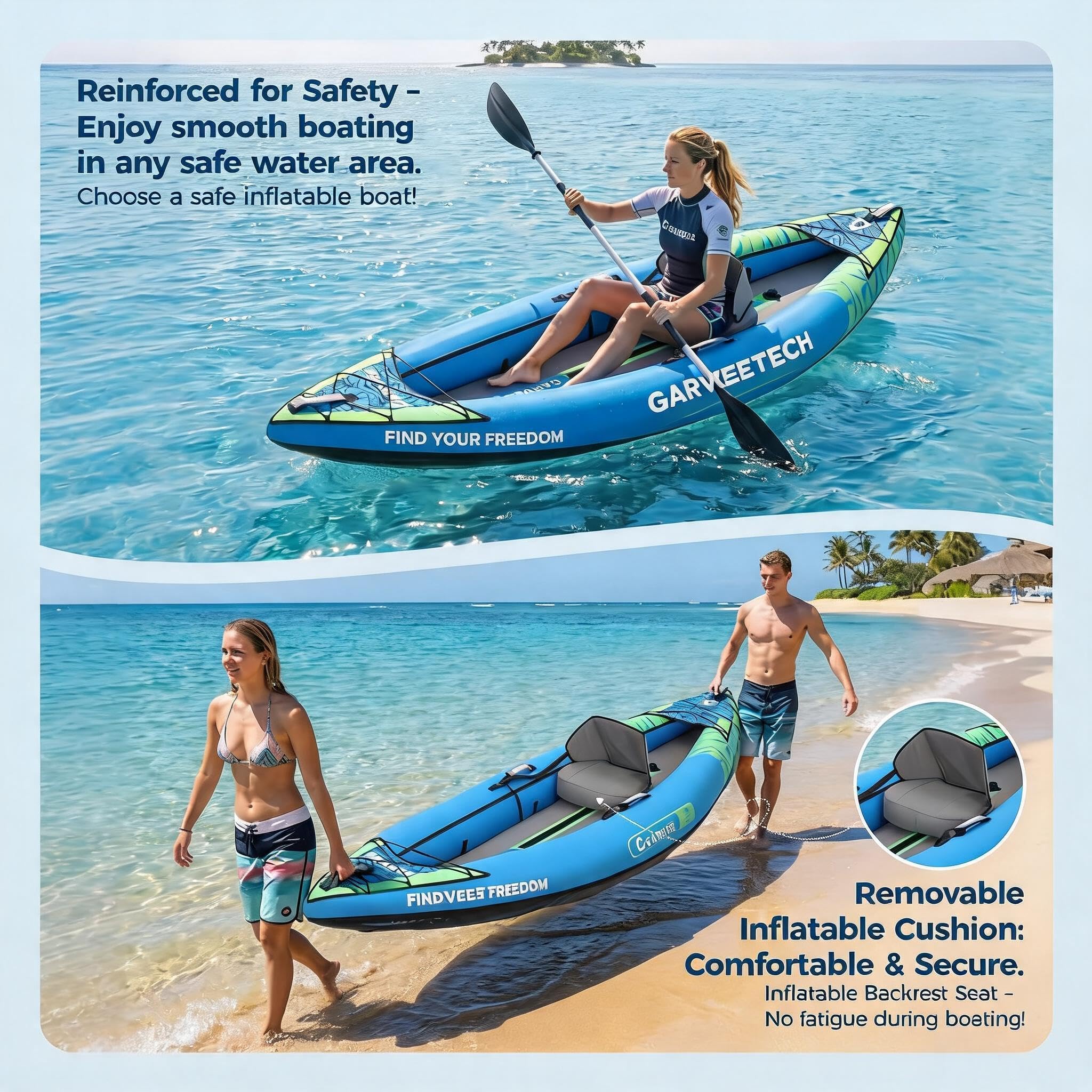 GarveeTech Kayak Inflable 1 Plaza, 900D Antipinchazos, 300x93x40 cm | Kayak inflable 1 plaza, 900D resistente a pinchazos, para lago y río, 300 x 93 x 40 cm