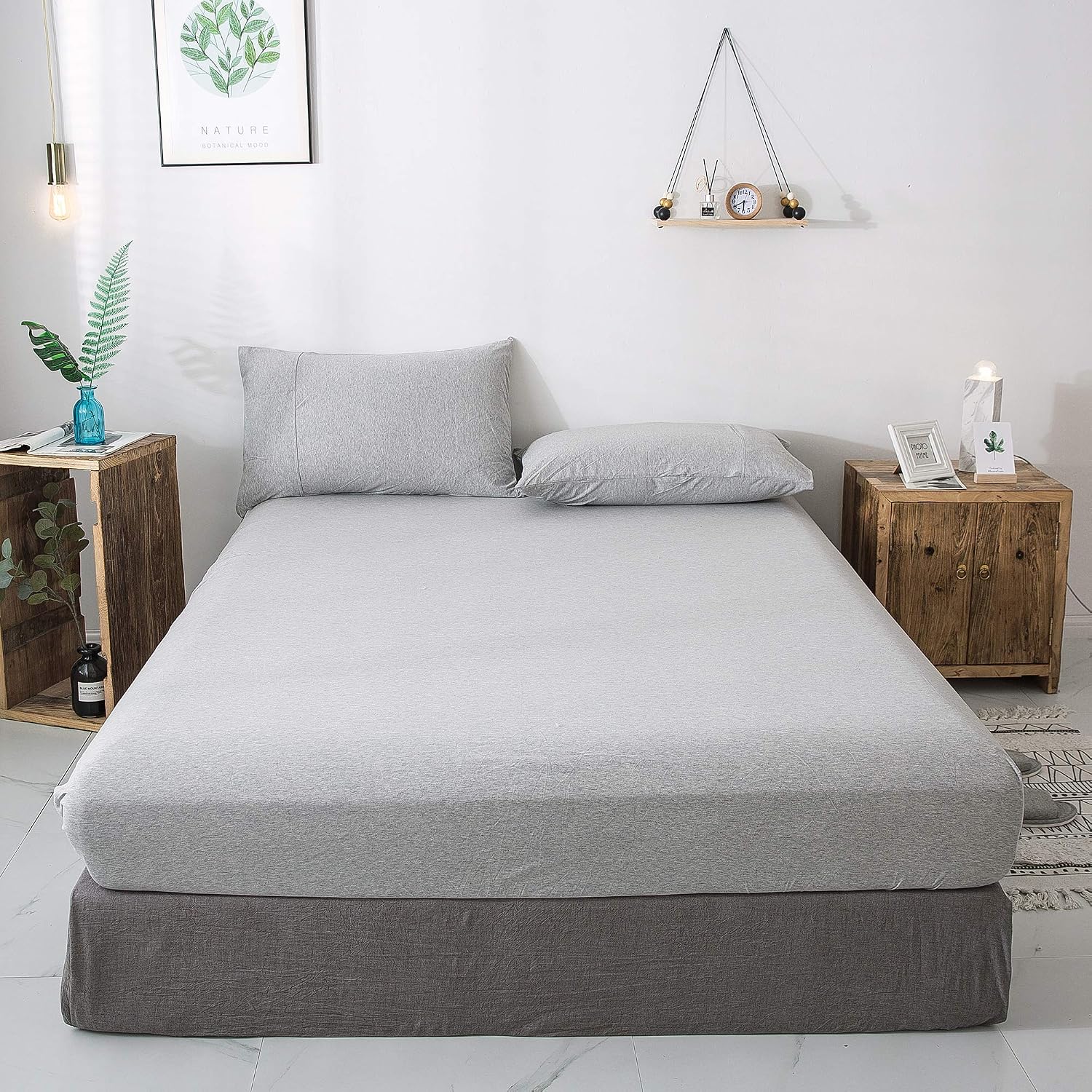 KAIANG Cotton Fitted Sheet 100% Jersey Fabric Fitted Sheet with Two Pillowcases（NO Flat Sheet, Deep Pocket Design Comfy and Easy Care. (Grey, King)