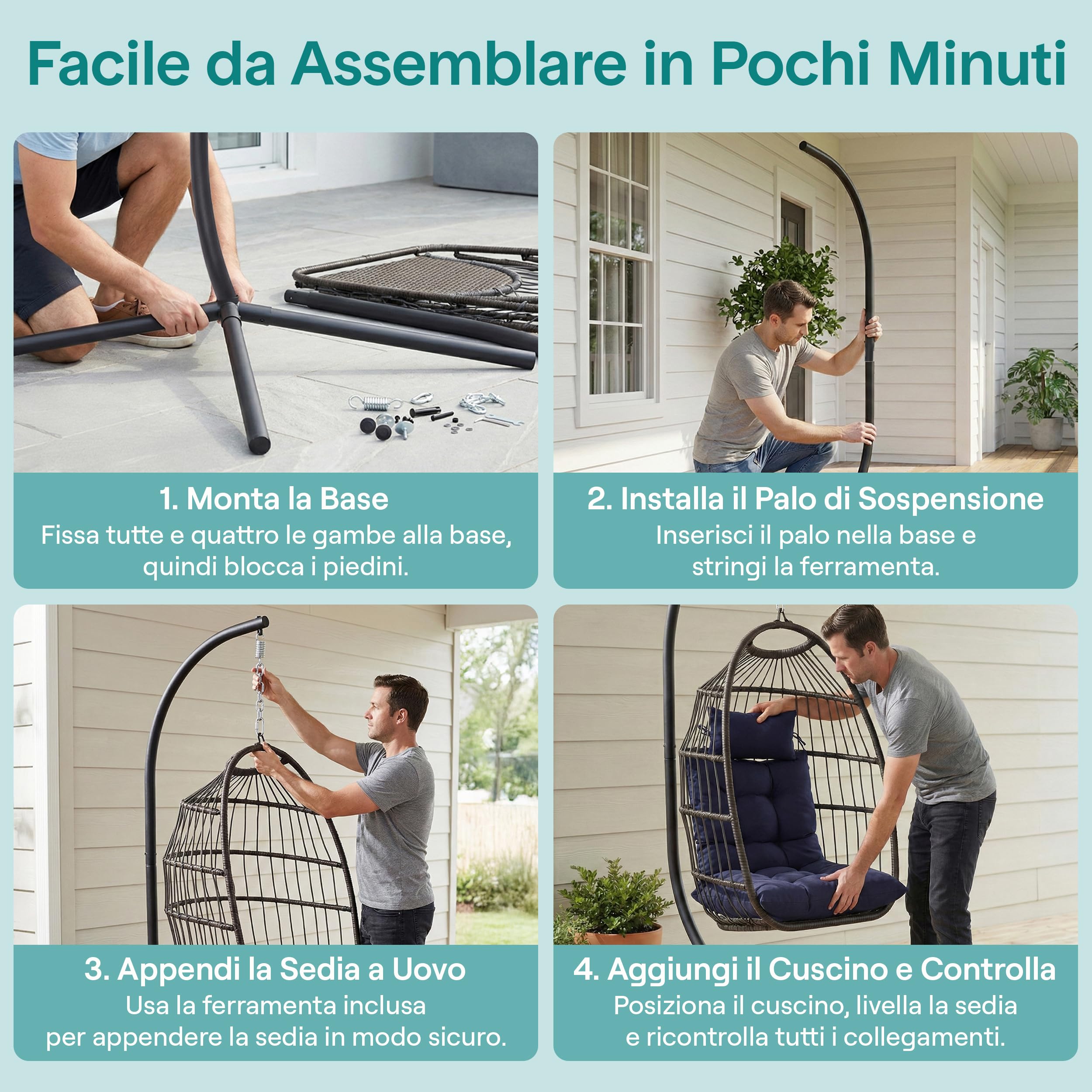 SereneLife Sedia a Dondolo a Uovo con Supporto, Capacità Fino a 250 Kg, Sedia Sospesa Poltrona a Dondolo in Rattan con Struttura in Acciaio Verniciato a Polvere per Casa e Giardino con Cuscino
