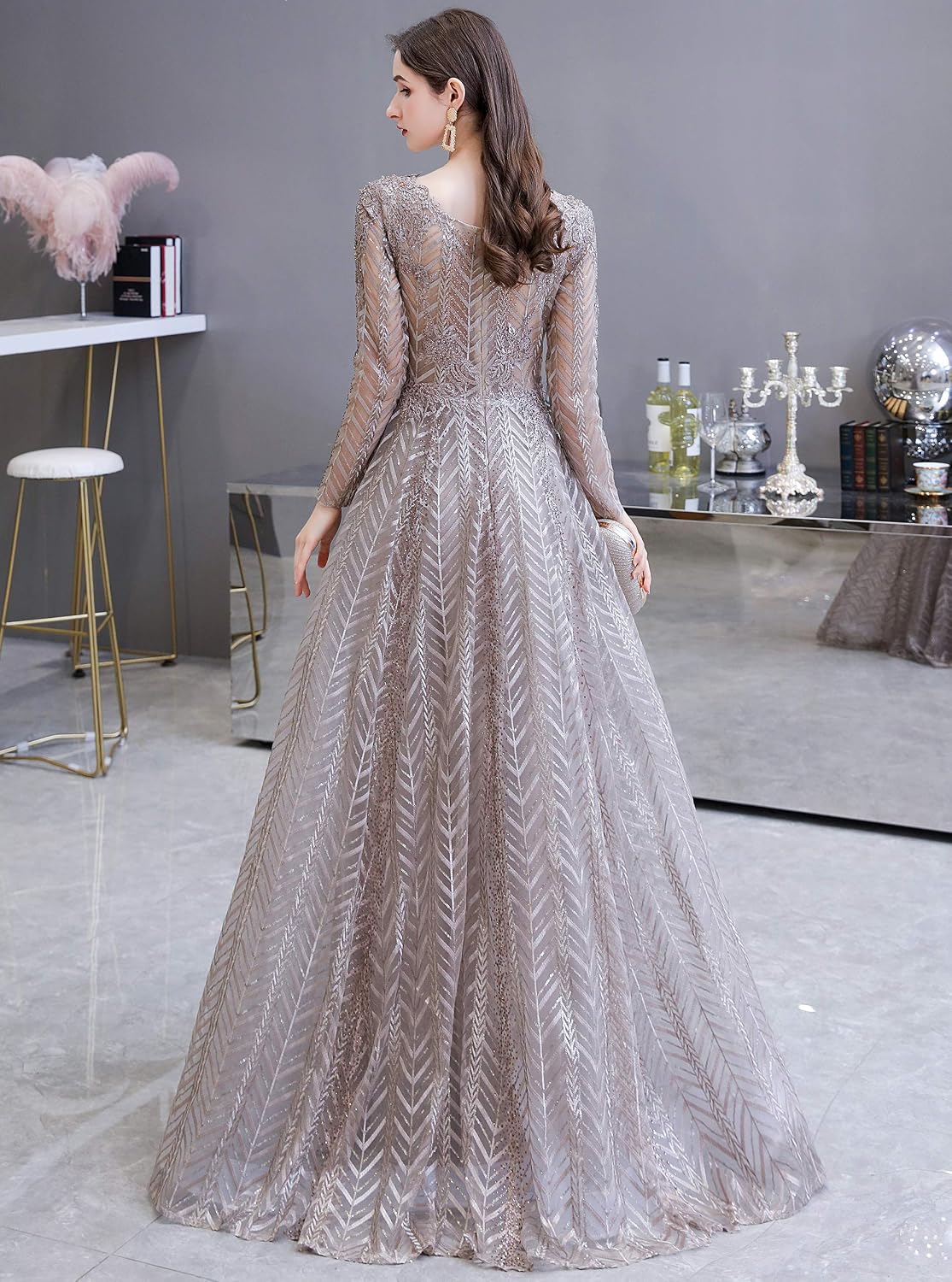 Prom Ball Gown Beaded Applique Long Sleeves Pageant Formal Evening Party Dress